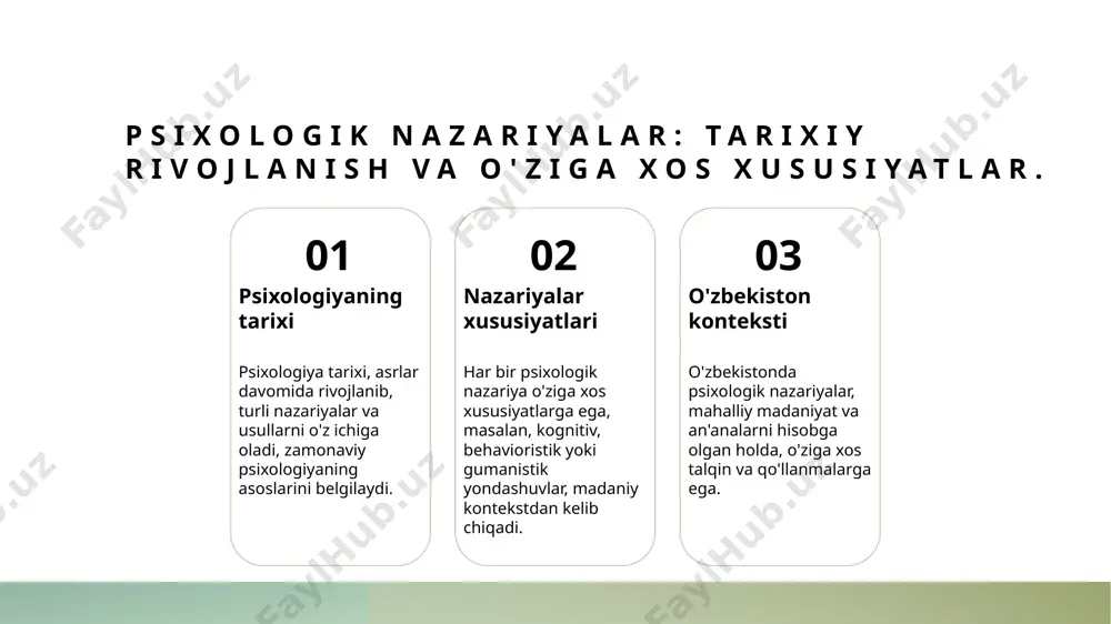 ullari. 1 o'rganish usullari - o'zbekistonda psixologik nazariyalar tadqiqotida amaliyot, eksperimental va nazariy o'rganish usullari muhim o'rin tutadi. 2 madaniy tadqiqotlar - o'zbek madaniyatini aks ettiruvchi tadqiqotlar psixologik nazariyalarni chuqurroq tushunishga yordam beradi, bu esa xalqimizning o'ziga xos xususiyatlarini ko'rsatadi. 3 empirik metodlar - empirik usullar orqali psixologik nazariyalar doirasida, aniq ma'lumotlar to'plab, o'zbekiston sharoitida muvaffaqiyatli qo'llanilishi o'rganiladi. 4 ijtimoiy tahlil - ijtimoiy tahlil usullari yordamida psixologik nazariyalar va ularning o'zbekistondagi ijtimoiy kontekstdagi roli chuqur o'rganiladi. madaniyat va psixologiya: tadqiqotlarda o'zaro ta'sirlar. 1 madaniyat va psixologiya madaniyat psixologik jarayonlarni belgilovchi muhim omil hisoblanadi. u turli psixologik nazariyalarning shakllanishida va rivojlanishida asosiy rol o'ynaydi. 2 madaniyat ta’siri psixologik nazariyalar madaniyatga bog'liq holda o'zgaradi. masalan, individualizm va kollektivizm tushunchalari turli madaniyatlarda farqli talqin qilinadi. 3 o'zbek kontekstida o'zbekistonda psixologik tadqiqotlar madaniyatga moslashtirilgan. o'zbek an'analarini inobatga olish, psixologik nazariyalarni lokalizatsiya qilishda muhimdir. psixologik nazariyalar asosida empirik tadqiqotlar va natijalar. 1 empirik tadqiqotlar psixologik …