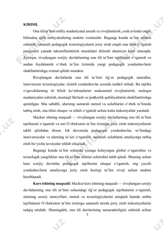 kur kurs ishining obyekti — rivojlangan xorijiy davlatlarning ona tili ta’limi jarayoni va pedagogik tajribalaridir. tadqiqot predmeti: mazkur kurs ishining predmeti — rivojlangan xorijiy davlatlarning ona tili ta’limidagi pedagogik uslublar, metodlar, texnologiyalar va ularni o‘zbekiston ta’lim tizimida qo‘llash imkoniyatlari. mavzuning o‘rganilishi: ona tili ta’limi va xorijiy mamlakatlar pedagogik tajribasini o‘rganish masalalari o‘zbek til ta’limi sohasida katta e’tibor qozongan. so‘nggi yillarda bu mavzu yuzasidan ilmiy tadqiqotlar soni oshib, xorijiy davlatlarning ta’lim tizimlari va innovatsion pedagogik yondashuvlari o‘rganilmoqda. o‘zbekiston olimlari va pedagoglari rivojlangan davlatlarda ona tili darslarini tashkil etish, zamonaviy metod va texnologiyalarni qo‘llash usullarini tadqiq qilgan. jumladan, g‘afurov s., mamatqulov a., islomova m. kabi olimlar xorijiy pedagogik tajribani o‘zbek ta’lim tizimiga integratsiyalash yo‘llarini o‘rganib, ta’lim jarayonini samarali qilish bo‘yicha ilmiy ishlanmalar yaratganlar. shuningdek, xalqaro ta’lim tashkilotlari, unesco va boshqa pedagogik markazlarning ma’lumotlari va tavsiyalari ona tili ta’limining sifatini oshirishga qaratilgan ilg‘or usullarni o‘rganishga xizmat qilmoqda. bu mavzu hozirgi kunda o‘zbek ta’lim …
