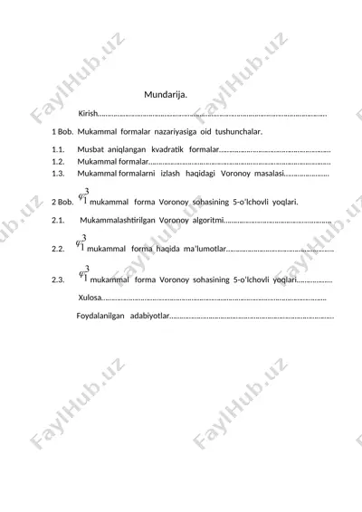 3 o’zgaruvchili bosh mukammal formaga mos voronoy sohasining 5 o’lchovli yoqlarini topish — DOCX