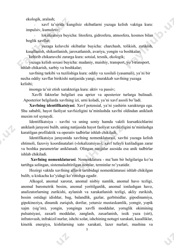o’rganuvchidir. bunga quyidagi savollar kiradi.traktor kombaynlaridagi o’rindiq (sideniya) va boshqaruv organlarni joylashganligi va tuzilishi, qaysilar kasb kasalligidan, xolsizlanishdan va avariya xolatlarini xosil bo’lishidan asraydi. ishlab chiqarish estetikasi- ishlab chiqarish muhitini tashkil qilish, qaysini gigienistchilar- psixologlar va fiziologlar talablariga javob bersin. bu uerga ishchilarni chiroyli va ma’qul ishlab chiqarish kiyimlari bilan ta’minlash, ish joyda tartib va tozalik, ishlab chiqarish va maishiy xonalarni ratsional tuzilishi va yoqimli bo’yalganligi, xovli va ishlab chiqarish xonalarini ko’kalamlashtirilganligi. shikastlanish- ishlab chiqarishdagi zararli yoki xavfli omillar ta’sirida odam organlari yoki teri qatlamining fizioligik bir butunligining buzilishi. mexnat sharoiti- bu ishlab chiqarish muhitining mexnat jarayonida odamning salomatligi va ish qobiliyatiga ta’sir etadigan omillari majmuidir. shaxsiy muhofaza vositalari- bular bitta ishlovchi xodimini muhofaza qilish uchun xizmat qiladigan vositalar.“hayot faoliyat xavfsizligi” fanida xavf tushunchasi asos bo’lib tushuniladi. “xavf” tushunchasi to’g’risida ayrim aniqliqlar kiritamiz. xavf- xodisalar, jarayonlar, ob’ektlar qaysilar ma’lum sharoitda odam sog’lig’iga to’g’risida to’g’ri yoki bilvosita zarar yetkazish, ya’ni noxush …