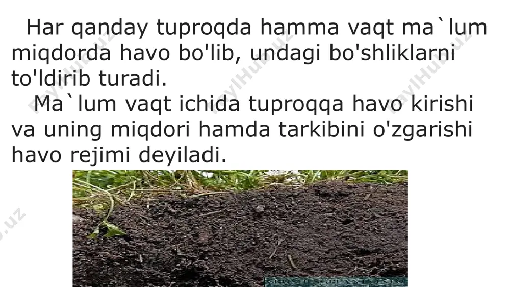 esa 10% gacha ortadi. atmosfera va tuproq havosining almashinishi tezligiga ekinlarni parvarish qilish agrotexnikasi ta`sir etadi. erlarni o'z vaqtida haydash, sug'orish, ekin qator oralarini ishlash tuproqda havo almashinishini tezlashtiradi. o'simlik ildizining nafas olishida va aerob mikroorganizmlar faoliyatida tuproq havosidagi kislorod nihoyatda zarur. tuproqning havo o'tkazuvchanligi uning mexanik tarkibiga, donadorligiga va tuzilishiga bog'liq. donador g'ovaksimon va yumshoq tuzilishga ega bo'lgan tuproqlar havoni yaxshi o'tkazadi. strukturasiz, zich tuproqlar havoni yomon o'tkazadi. tuproqning o'zida ma`lum miqdorda havo ushlab turish qobiliyati uning havo sig'imi deyiladi. u asosan tuproqning g'ovakligiga va namlanish darajasiga bog'liq bo'ladi. image1.jpg image2.jpg image3.jpg /docprops/thumbnail.jpeg