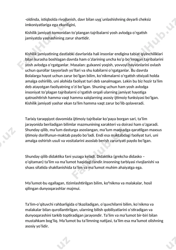 llar pedagogikasi va psixologiyasi yutuqlariga tayanib o‘quvchilarning faolligini va mustaqilligini oshirish, o‘quvchilarni bilimlarni mustaqil egallashga o‘rgatish, ularning bilish faoliyatlarini faollashtirish, darsni takomillashtirish, ta‘lim printsiplari va ta‘limning izchilligi va shu kabi muammolarda tadqiqot ishlari olib bormoqdalar. didaktika ikkiga bo‘linadi:umumiy didaktika va xususiy didaktika. umumiy didaktika maktablarda o‘rganiladigan barcha predmetlarga xos bo‘lgan uquv jarayonining umumiy qonuniyatlari tekshiriladi va belgilanadi. xususiy didaktikada esa u yoki bu predmetni o‘rgatishga xos bo‘lgan didaktik qonuniyatlar tekshiriladi va belgilanadi. didaktika pedagogika fanlari sirasiga kirgani uchun ham ta‘lim sohasini tadqiq etishda pedagogik ilmiy-tekshirish metodlaridan foydalaniladi. 1.kuzatish. 2.ilg‘or pedagogik tajribani o‘rganish va umumlashtirish. 3.didaktik eksprement. 4.hujjat va arxiv materiallarini tekshirish (dars planlari, sinf jurnallari va h.) va o‘quvchilar ishlari (insho, kontrol, grafik ishlar, o‘quv ustaxonasida bajarilgan ishlar). 5.suhbat va anketa. mustaqil o‘zbekistonda didaktika rivojlanishining hozirgi etapi «kadrlar tayyorlash milliy dasturi» ta‘lim oldiga qo‘ygan muammolar bilan bog‘liq. hozirgi davrda ham didaktikaning muhim vazifasi ta‘limning mazmunini bir asosiy masalaa barkamol shaxsni …