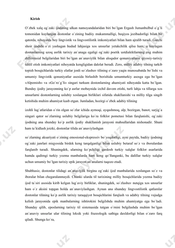 ijodiy shakllanish jarayoni mahsullaridan nishonadir. shuni ham ta`kidlash joizki, dostonlar tilida an`anaviylashgan so`zlarning aksariyati o`zining emosional-ekspressiv bo`yoqdorligi, ayni paytda, badiiy ijodning og`zaki janrlari miqyosida birdek keng tarqalganligi bilan uslubiy betaraf so`z va iboralardan farqlanib turadi. shuningdek, ularning ko`pchiligi qardosh turkiy xalqlar folklor asarlarida hamda qadimgi turkiy yozma manbalarda ham keng qo`llanganki, bu dalillar turkiy xalqlar uchun umumiy bo`lgan tarixiy epik jarayon an`analarni taqozo etadi. shubhasiz, dostonlar tilidagi an`anaviylik birgina og`zaki ijod manbalarida xoslangan so`z va iboralar bilan chegaralanmaydi. chunki ularda til tarixining milliy bosqichlarida yozma badiiy ijod ta`siri asosida kirib kelgan lug`aviy birliklar, shuningdek, so`zlashuv nutqiga xos unsurlar ham o`z aksini topgan holda an`anaviylashgan. aynan ana shunday lingvostilistik qatlamlar dostonlar tilining ko`p asrlik tarixiy taraqqiyot bosqichlarini farqlash va adabiy tilning vujudga kelish jarayonida epik manbalarning ishtirokini belgilshda muhim ahamiyatga ega bo`ladi. shunday qilib, eposlarning tarixiy til sistemasida tutgan o`rnini belgilashda muhim bo`lgan an`anaviy unsurlar ular tilining leksik yoki frazeologik sathiga …