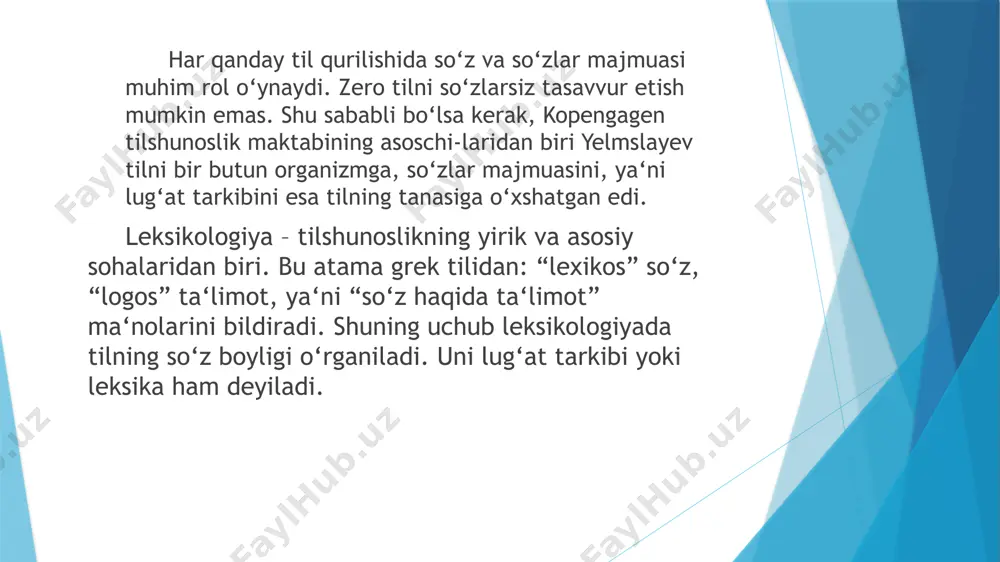 ika deb ataladi, u muayyan tildagi barcha so‘zlarni va shu so‘zlar bog‘lanishidan tarkib topgan ko‘chma ma‘noli turg‘un konstruksiyalarni o‘z ichiga oladi. leksika atamasi ba‘zan tor ma‘nolarda ham qo‘llanadi: dialektal leksika, kasb-hunar leksikasi, ilmiy leksika, vulgar leksika, tohir malik asarlari leksikasi kabi. leksikologiyaning predmeti – lug‘at boyligining strukturaviy va sistemaviy xususiyatlarini, taraqqiyot qonuniyatlarini, tilning boshqa sathlari (fonetik sath, grammatik sath) bilan aloqsaini tadqiq qilish. leksikologiyaning vazifalari: a) muayyan til lug‘at boyligidagi eskirish va yangilanish jarayonlarini, bu jarayonlarda lisoniy va nolisoniy (lingvistik va ekstralingvistik) omillarning ishtirokini o‘rganish; b) lug‘aviy birliklarning funksional-semantik tavsifini berish, eskirgan, yangi va zamonaviy qatlamlarini, tematik guruhlari va mikrosistemalarini aniqlash, lisoniy va uslubiy xususiyatlarini yoritish; d) talabalarni leksikaga oid nazariy bilimlar bilan qurollantirish, ularda leksik-semantik tahlil ko‘nikmalarini shakllantirish. leksikologiya barcha tillarning lug‘at boyligi taraqqiyotiga xos umumiy-nazariy masalalar bilan birga, ayrim olingan bir tilning lug‘at boyligi masalalari bilan ham shug‘ullanadi. shunga ko‘ra u dastlab ikki turga – umumiy leksikologiya va …