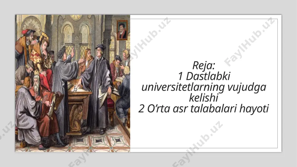 uridik fakultetida o‘qishni davom ettirish imkonyatiga ega bo‘lar edi. bu faultetlarda o‘qish muddati 5—6 yil bo‘lib, uni tamomlaganlar doktor, yoki olim unvonini olar edi. o‘rta asr universitetlari cherkov nazorati ostida ishlaganliklari oqibatida sxolistika ruhidagi maktabga aylanib qolgan edilar. bunda atrof-tevarakda real fakt va hodisalarni o‘rganish bilan emas, balki cherkov ruhoniylari tomonidan ma’qullangan va tavsiya qilingan kitoblarni yodlab olish bilan shug‘ullanardilar.shu sababdan bunda o‘qish quruq qiroatxonlikdan iborat bo‘lib qoldi. universitetlarda o‘qitish metodlari leksiya, cherkov tomonidan tasdiqlangan darslik va asarlarni yodlash va disput (munozara)lardan iborat edi. universitetlarda o‘qish faqat lotin tilida olib borilar edi. o‘rta asr talabalari hayoti dastlabki davrlarda talabalarning hayoti hozirgidan ancha farq qilgan, albata. talabalar turli hududlardan ta’lim olish uchun kelgan va har xil yoshda bo‘lishgan. ular 12-asrda oksfordga kelib o‘rnasha boshlaganda kichik mehmonxonalarni yoki shahar atrofidagi hududlarni yashash uchun tanlashgan, ba’zilar esa birgalikda biror uyni ijaraga olib yashay boshlagan. talabalar leksiyalarda va ijtimoiy tadbirlarda qatnashardi. shuningdek, ular bir …