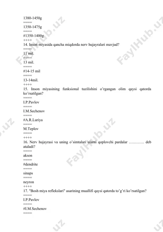 bosqich ++++ 32.biologik omillarga maxsus harakatlar bilan reaksiya qilish usullariga ……deb ataladi. ==== seskanuvchanlik ==== sezuvchanlik ==== #tropism ==== instinkt ++++ 33.bu bosqich uchun xarakterli xususiyat shundan iboratki bu bosqichda organizm narsalarning o’zini emas balki alohida xususiyatlarini aks ettiradi? ==== seskanuvchanlik ==== sezuvchanlik ==== tropizm ==== #sensor bosqich ++++ 34.mazkur bosqichga mansub hayvonlar atrof-muhitining ayrim xususiyatlarini emas, balki ularni butun narsalar sifatida aks ettiradi? ==== seskanuvchanlik ==== #perseptiv ==== tropizm ==== instinkt ++++ 35.hayvonlarning o’z ehtiyojlarini qondirish uchun qiladigan tug’ma murakkab harakatlari ………… deb ataladi? ==== seskanuvchanlik ==== perseptiv ==== tropizm ==== #instinkt ++++ 36.hayvonlarning biologik ehtiyojlariga qarab instinktiv harakatlari qanday turlarga bo’linadi? ==== ovqatlanish ==== nasl qoldirish ==== poda-poda bo’lib yashash ==== #barcha javoblar to’g’ri ++++ 37.instinktlar qaysi yo’l bilan hosil qilinadi? ==== mashq qilish ==== o’rganish ==== biologik irsiyat ==== #shartsiz reflekslar asosida ++++ 38.instinktlarning nerv fizologik asosini nima tashkil qiladi? ==== bosh miya po’stloq qismi ==== #shartli …
