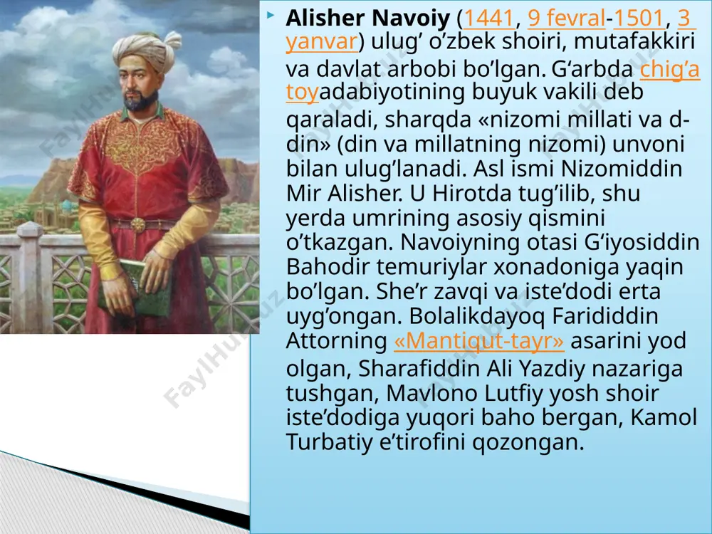 gun “ilk devon” nomi bilan mashhurdir. 1469-yilda hirot taxtiga husayn boyqaro chiqdi va samarqandga xat yo’llab , maktabdosh dosti alisher navoiyni o’z yoniga chaqirib oladi. davlat ishlariga jalb etadi, muhrdor qilib tayinlaydi. shu tariqa, buyuk shoir husayn boyqaro saroyida 1469-1472-yillarda muhrdor, 1472-1476-yillarda vazir bo’lib ishladi. 1487-1488-yillarda astrobodga hokimlik qildi. husayn boyqaro hokimiyat ishlarida navoiyning aql va sadoqatiga tayanib ish ko’rdi. 1472 – 1476- yillarda “bado’yeul bidoya” (“badiiylik ibtidosi”), 1476 – 1483- yillarda “navodirun nihoya” (“nihoyasiz nodirliklar”) nomlari bilan ikki devon tuzdi. 1483 – yilda turkiy tilda birinchi bo’lib nizomiy gankaviydan keyin hech qaysi shoir yozmagan “xamsa” yozishga kirishdi va juda qisqa muddat – ikki yilda besh yirik dostondan iborat “xamsa” ni yozib tugatdi. bular “hayrat ul-abror”, “farhod va shirin”, “layli va majnun”, “sab’ai sayyor”, “saddi iskandariy” dir. ilm va ijod ahli bu voqeani zo’r shodliklar bilan qarshi oldi. abdurahmon jomiy navoiy “xamsa” siga yuksak baho berdi. husayn boyqaro buyuk shoirni …