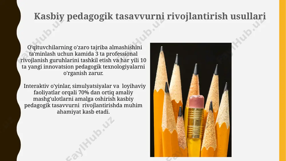 susiyatlari o'qituvchining o'z-o'zini anglash darajasi (metakognitsiya) uning pedagogik tasavvurini 30% ga oshirishga yordam beradi, bu esa o'quv jarayonini samarali boshqarishga imkon beradi. kasbiy pedagogik tasavvur o'qituvchining empatiya koeffitsiyenti bilan 0.7 dan yuqori darajada korrelyatsiyaga ega bo'lib, o'quvchilarning individual ehtiyojlarini hisobga olishga yordam beradi. e'tiboringiz uchun rahmat @taqdimot_robot image1.jpg image2.jpg image3.jpg image4.jpg image5.jpg image6.jpg image7.jpg image8.jpg image9.jpg image10.jpg