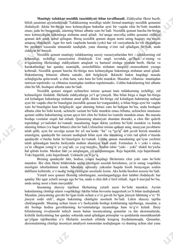 ib, fikrimizning mavjud bo‘lishini ta’minlaydi. tilni o‘rganish mantiq fanining asosiy vazifalaridan biridir. agar tafakkur olamni mavhumlashtirib va umumlashtirib aks ettiradigan hodisa bo‘lsa, mavhumlikni va umumiylikni faqat va faqat til orqaligina ifodalash mumkin. til milliy xarakterga ega bo‘lsa, tafakkur esa umuminsoniy mazmun kasb etadi. masalan, grammatika qoidalari muayyan til va millat uchungina amal qiladi. tafakkur qonunlari esa umuminsoniydir. til va tafakkur birligidan nutq kelib chiqadi. til ham tafakkur kabi qadimiy bo‘lib, sivilizatsiyaning muhim yutug‘i hisoblanadi. shu bois tilning qashshoqlashuvi va yo‘qolib ketishi pirovardida sivilizatsiyaning qashshoqlashuviga olib keladi. tilning boyligi va qashshoqligini esa o‘sha tildagi so‘zlarning miqdori bilan aniqlash mumkin. qaysiki tilda sinonim so‘zlar qanchalik ko‘p bo‘lsa, o‘sha til boy til hisoblanadi. omonim so‘zlarning ko‘pligi esa tilning qashshoqligini ko‘rsatadi. ma’lumotlarga ko‘ra jahon bo‘yicha eng boy til til arab tili hisoblanadi. mutaxassislarning hisob-kitoblariga ko‘ra, arab tilidagi so‘zlarning soni uch million besh yuz mingdan ortiq. bitta so‘zning yuzga yaqin ma’nodoshi, ya’ni sinonimi bor. ikkinchi …