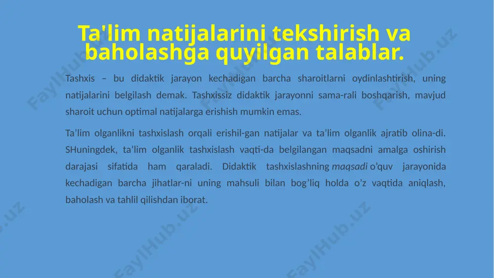 islash nazoratini ta’lim jarayoni-ning barcha bosqichlarida – bilimlarni boshlang’ich idrok etishdan to amalda qo’llashgacha bo’lgan bosqichlarida olib borish kerak. ko’rgazmalilik (oshkoralik) tamoyili avvalo barcha ta’lim oluvchilarni aynan bir hil mezonlar bo’yicha ochiq sinovdan o’tkazishni anglatadi. bo'lajak mutaxassislarni kasbiy faoliyatga tayyorlashda ta'lim oluvchilarning bilimlarini nazorat qilish o'ta muhimdir. to'g'ri tashkil etilgan ta'lim jarayonida egallanishi lozim bo'lgan nazariy materiallar bo'yicha olinayotgan bilimlarni yanada mukammallashtirish va eng asosiysi ta'lim oluvchilarning intellektual salohiyatlarini yuksaltirish uchun turli vositalarni tanlash imkoni vujudga keladi. o'qituvchi nazorati va ta'lim oluvchilar faoliyatini baholashning uyg'unligi o'zbekisiton respublikasi oliy va o'rta maxsus ta'lim vazirii-gining 2010-yil 25-avgustdagi 333-sonli buyrug'i bilan tasdiqlan-gan «oliy ta'lim muassasalarida talabalar bilimini nazorat qilish va baholashning reyting tizimi to'g'rsida»gi nizomda shunday deb ta'kidlanadi: «talabalar bilimini nazorat qilish va reyting tizimi orqali baholashdan maqsad ta'lim sifatini boshqarish orqali raqobatbardosh kadrlar tayyorlashga erishish, talabalarning fanlarni o'zlashtirishida bo'shliqlar hosil bo'lishining oldini olish, ularni aniqlash va bartaraf etishdan iborat. shkalalash - aniq …