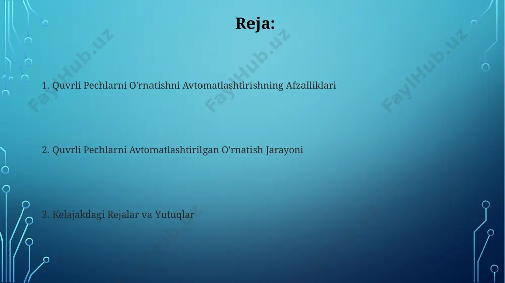 tt protokoli yordamida ma'lumotlar uzatish va real vaqtda monitoringni amalga oshirish mumkin. quvrli pechlarni avtomatlashtirish uchun 3 ta api chaqiruvi yordamida pechning haroratini, vaqtini va pishirish rejimini boshqarish mumkin. xavfsizlik va xizmat ko'rsatish xavfsizlik protokollari buzilgan taqdirda, tizim avtomatik ravishda 5 soniyadan kamroq vaqt ichida o'zini o'chirib qo'yadi va xato kodini namoyish etadi. avtomatlashtirilgan o'rnatish jarayonida kamida 3 ta xavfsizlik sensori (harorat, gaz, bosim) majburiy bo'lib, ularning ishlashi muntazam ravishda, 2 oyda bir marta tekshirilib turilishi kerak. quvrli pech o'rnatish jarayonini tahlil qilish o'rnatish jarayonida 50 ta pech uchun o'rtacha 2 soat vaqt tejaladi, bu esa 100% ga yaqin avtomatlashtirish darajasiga erishish imkonini beradi. quvrli pechlarni o'rnatish jarayonida 3 dan ortiq sensorlarni ulash vaqtini 15% ga qisqartirishga imkon beradigan avtomatlashtirilgan tizimni qo'llash samaradorligini oshiradi. e'tiboringiz uchun rahmat @taqdimot_robot image3.jpg image4.jpg image5.jpg image6.jpg image7.jpg image8.jpg image9.jpg image2.png