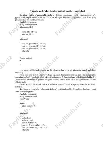 sinfning statik elementlari va metodlari — DOCX