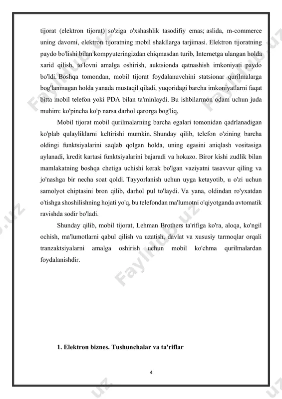 jarayon, buning natijasida mahsulot/xizmatga egalik huquqi yoki undan foydalanish huquqi bir shaxsdan boshqa shaxsga o‘tadi. shu nuqtai nazardan qaraganda, elektron tijorat e-biznesning alohida holatidir. "elektron biznes" so'zlari birikmasi asosiy g'oyani o'z ichiga oladi, ya'ni rasmiylashtirilgan biznes operatsiyalarini elektronlashtirish va ularni internet muhitiga o'tkazish. oddiy ko'rinsada, an'anaviy biznes faqat ofis va nusxa ko'chirish mashinasidan iborat bo'lmaganidek, elektron biznesning mohiyati dasturiy ta'minot va kompyuterlar bilan cheklanmaydi. oddiy va tushunarli g'oyani amalga oshirish butun biznes modelini qayta ko'rib chiqishni talab qiladi. an'anaviy biznes singari, elektron biznes texnologiya, jarayonlar va tuzilma bilan qo'llab-quvvatlanadigan rejalashtirish va boshqarishni o'z ichiga olgan kompleks yondashuvni talab qiladi. elektron biznesda qo'llab-quvvatlashning asosiy yuki xavfsiz va ishonchli dasturiy ta'minot va texnik vositalar, tarmoqlar, aloqa kanallari va, albatta, internetga tushadi. elektron biznes nima uchun? maqsadlar ma'lum - kompaniyaning asosiy biznesini yanada daromadli qilish, kompaniyaning o'zi - yanada raqobatbardosh. misli ko'rilmagan yuqori darajadagi xizmat, biznes sherigi va mijoz bilan muloqot qilish uchun …