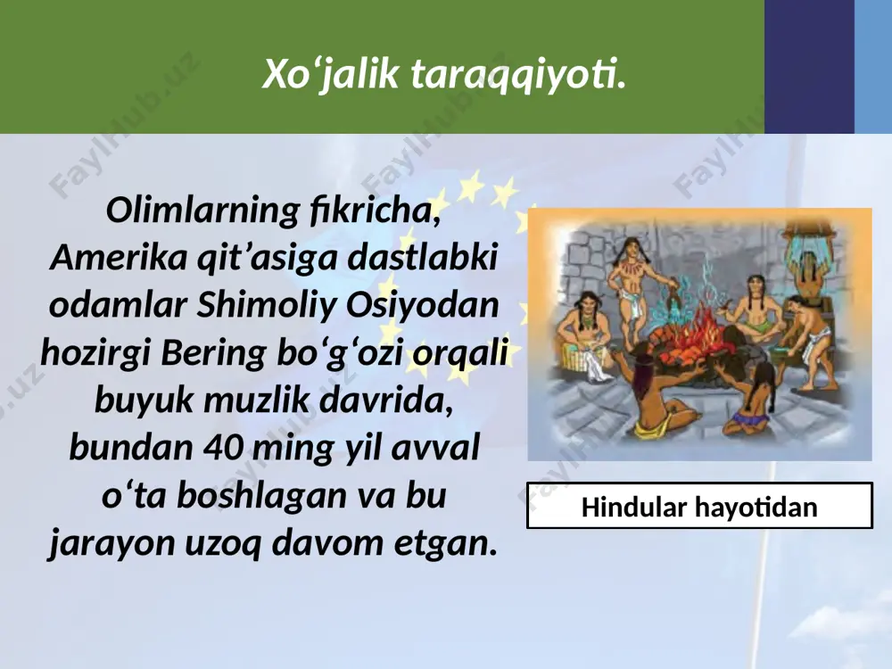 inklar jangchilari bu davlatni oliy inka boshqargan. u «quyoshning o‘g‘li», uning yerdagi ramzi sanalgan. inklardan bo‘lmagan aholi jamoa bo‘lib yashab, hukmron toifa uchun ishlagan. jamoa dehqonlar oilalaridan tashkil topib, ularning har biriga ma’lum yer, ekin maydoni biriktirib qo‘yilgan. inklarda hunarmandchilik yuksak rivojlangan. oltin, kumush qazib olinib, ulardan buyumlar tayyorlash, kulolchilik va zargarlik, to‘qimachilik, bo‘yoqchilik, qurilish sohalari ayniqsa yuksalgan. poytaxt kuskoni viloyatlar bilan bog‘laydigan, umumiy uzunligi 15 minglab kilometr bo‘lgan tosh yo‘llar barpo etilgan, viloyatlar orasida pochta xizmati o‘rnatilgan. savol va topshiriqlar 1. amerika tub aholisining mashg‘ulotlari haqida gapirib bering. 2. mayyalar tarixi va madaniyati haqida nimalarni bilasiz? 3. astaklar kim? ular haqida so‘zlab bering. 4. inklar davlati qachon va qayerda vujudga kelgan? image2.jpg image3.png image4.emf image5.jpeg image6.jpeg image7.jpeg image8.jpeg image9.emf image10.png image11.jpeg image12.jpeg image13.emf image14.jpg image15.jpeg image16.jpeg image1.jpg