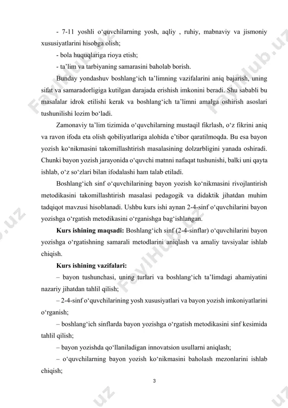 lar) o‘quvchilarini bayon yozishga o‘rgatishning samarali metodlarini aniqlash va amaliy tavsiyalar ishlab chiqish. kurs ishining vazifalari: – bayon tushunchasi, uning turlari va boshlang‘ich ta’limdagi ahamiyatini nazariy jihatdan tahlil qilish; – 2-4-sinf o‘quvchilarining yosh xususiyatlari va bayon yozish imkoniyatlarini o‘rganish; – boshlang‘ich sinflarda bayon yozishga o‘rgatish metodikasini sinf kesimida tahlil qilish; – bayon yozishda qo‘llaniladigan innovatsion usullarni aniqlash; – o‘quvchilarning bayon yozish ko‘nikmasini baholash mezonlarini ishlab chiqish; – bayonlardagi tipik xatolarni aniqlash va ularni bartaraf etish yo‘llarini ko‘rsatish; – boshlang‘ich sinflarda bayon yozish samaradorligini oshirish bo‘yicha amaliy tavsiyalar berish. kurs ishining obyekti: boshlang‘ich sinf (2-4-sinflar) o‘quvchilarining bayon yozish ko‘nikmasini rivojlantirish jarayoni. kurs ishining predmeti: boshlang‘ich sinf o‘quvchilarini bayon yozishga o‘rgatish metodikasi. kurs ishining tuzilishi: ish kirish, 2 bob, 4 bo‘lim, xulosa, foydalanilgan adabiyotlardan iborat. jami 40 sahifadan tashkil topgan. i bob. boshlang‘ich sinf o‘quvchilarini bayon yozishga o‘rgatishning nazariy asoslari. 1.1. boshlang‘ich sinflarda badiiy asarlarni qayta hikoyalash va bayon yozishga o‘rgatish. ta’lim …