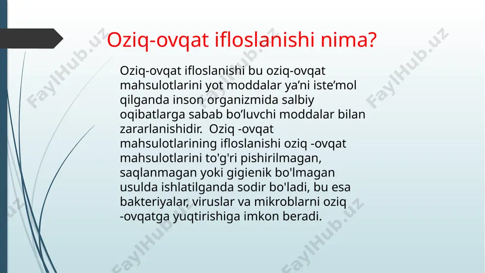 oziq-ovqat zaharlanishi hayot uchun xavfli bo'lishi mumkin, ayniqsa bolalar, keksalar va immuniteti zaif bo'lganlar uchun. surunkali kasallik: ifloslangan oziq-ovqatlar tarkibidagi ba'zi kimyoviy moddalar yoki toksinlarni iste’mol qilish saraton, nevrologik kasalliklar, jigar shikastlanishi kabi surunkali kasalliklarga olib kelishi mumkin. iqtisodiy ta'sir: oziq-ovqatning ifloslanishining sezilarli iqtisodiy ta’siri ham bo’lishi mumkin, ayniqsa oziq-ovqat ishlab chiqaruvchilar va restoranlar uchun. iste’molchilar ovqatlarni eslab qolishi yoki sud jarayonlari daromadning yo'qolishiga va kompaniyaning zarariga olib keladi. oziq-ovqatdan zaharlanish xavfi kimda yuqori? har bir inson ovqatdan zaharlanishi mumkin bo'lsa-da, ba'zi yosh guruhlari yuqori xavf ostida. quyidagi yosh guruhlari ovqatdan zaharlanish xavfi yuqori. 1. 5 yoshdan kichik bolalar 5 yoshgacha bo'lgan bolalarning immuniteti zaif va ularning organizmining infektsiyalarga qarshi kurashish qobiliyati kamroq. oziq-ovqat zaharlanishi bolalar uchun juda xavfli bo'lishi mumkin, chunki u suvsizlanish va diareyaga olib keladi. 5 yoshgacha bo'lgan bolalar ovqatdan zaharlanish bilan kasalxonaga yotqizilish ehtimoli uch baravar ko’p. 2. homilador ayollar kelajakdagi onalar boshqalarga qaraganda ma'lum mikroblarga …