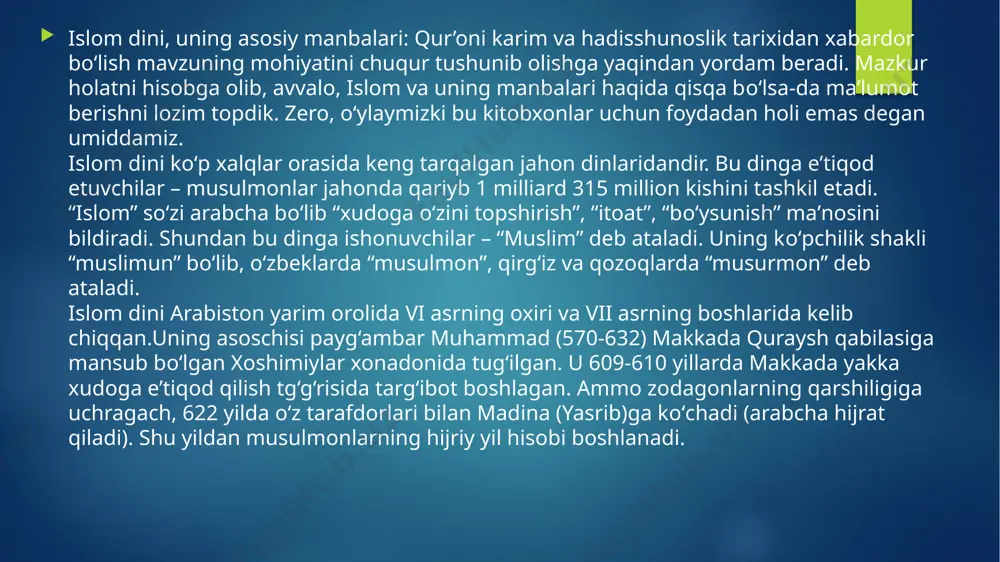 lom dinida qur’ondan keyingi muqaddas manba. hadislar tо‘plami “sunnat” deb ataladi. hadisi shariflarda muhammad alayhissalomning sо‘zlari, qilgan ish faoliyatlari va sahobalar tomonidan amalga oshirilgan ishlarga munosabatlari bayon etilgan. hadisi shariflarni yig‘ib kitob shakliga keltirish, asosan payg‘ambarimiz alayhissalomning vafotlaridan keyin amalga oshirilgan. islomda ota-onaga mehr-muhabbat, g‘amxо‘rlik, farzand tarbiyasi va oilaga sadoqat masalalariga alohida e’tibor berilgan. kishilarni yaxshilik qilish, savob ishlarga qо‘l urish, insofli-diyonatli, vijdonli bо‘lish, mehr-shafqatlilik, tо‘g‘rilik, rostgо‘ylik, sofdil bо‘lish, birodarga yordam berish, kamtarlikka chaqirish g‘oyalari ilgari surilgan. qur’oni karim va hadislarda har bir inson uchun zarur bо‘lgan hayotidan ma’mun bо‘lib yashash-shukronalik va sabrli bо‘lish masalalariga ham alohida ahamiyat berilgan. shukronalik va sabr ham inson ma’naviyligining muhim jihatlaridan biridir. ularning mazmun-mohiyatini bilib olish har birimiz uchun zarur. qur’oni karimda “ilm” sо‘zi asosida “alima” bilmoq fe’l negiziga tayangan kalimalar 750 marotaba uchrashi ilmiy tadqiqotlarda qayd etilgan. payg‘ambarimiz muhammad alayhissalomga ilk nozil bо‘lgan oyat ham “о‘qi...” “о‘qi...” sо‘zidan boshlanadi. ushbu oyat shunday: “о‘qi! …