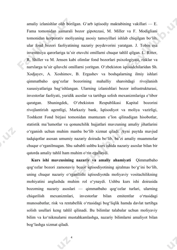 i kengaytirish bilan birga, real iqtisodiy muammolarga amaliy yechimlar taklif etish imkoniyatini beradi. kurs ishi mavzusining obyekti— qimmatbaho qog‘ozlar bozori va uning iqtisodiy muomaladagi faoliyati hisoblanadi. kurs ishi mavzusining predmeti — qimmatbaho qog‘ozlar bozorining o‘ziga xos xususiyatlari, tuzilishi, tartibga solish mexanizmlari va u bilan bog‘liq iqtisodiy munosabatlardir. kurs ishi mavzusining maqsadi — qimmatbaho qog‘ozlar bozorining nazariy asoslari va amaliy faoliyatini o‘rganish, uning o‘zbekiston iqtisodiyotidagi o‘rni va ahamiyatini aniqlash, hamda mavjud muammolarni aniqlab, ularni bartaraf etish bo‘yicha takliflar ishlab chiqishdan iborat. kurs ishi mavzusining vazifalari · qimmatbaho qog‘ozlarning iqtisodiy mohiyati va turlarini yoritish; · qimmatbaho qog‘ozlar bozorining shakllanish bosqichlarini tahlil qilish; · mazkur bozorning iqtisodiyotdagi rolini aniqlash; · qimmatbaho qog‘ozlar bozorini tartibga soluvchi mexanizmlarni o‘rganish; · o‘zbekistonda qimmatbaho qog‘ozlar bozorining holatini tahlil qilish; · bozorda mavjud muammolarni aniqlash va ularni hal etish yo‘llarini taklif qilish. kurs ishi mavzusining tuzilishi kurs ishi kirish, ikkita asosiy bob, har bir bobda uchta kichik bo‘lim, …