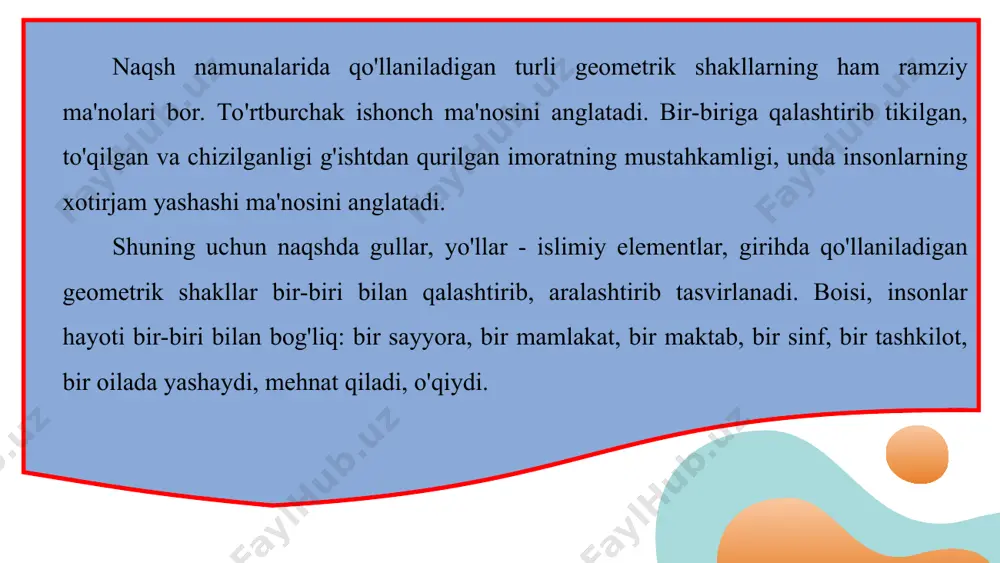 rlicha bo'ladi. misol uchun, naqqoshlik san'atida farg'ona, xiva va toshkent naqsh maktablari mavjud. ularda o'zbek xalq amaliy bezak san'atining xususiyatlari bilan birga mahalliy o'ziga xoslik bor. 25-rasm. xiva naqshi. xix asrning birinchi yarmi. 26-rasm, toshkent naqshi. xx asrning birinchi yarmi. bu maktablarning kompozitsiya uslubi va rang berishdagi o'ziga xosligida farg'ona maktabi naqshlarida chetlari chiroyli qilib aylantirilgan, ranglar esa qizil va yashil bo'yoqlarining to'yingan tuslari bilan bo'yaladi. xorazmda esa usta musavvirlar naqsh yuzasini novda-yo'l va g'uncha, shuningdek, geometrik naqshlar bilan to'ldirib, asosan, moviy rangli bo'yoqlar bilan naqsh kompozitsiyalarini yaratadilar. toshkent maktabi naqshlarida ranglar koloritining qat'iyligi, naqsh elementlari, ayniqsa, gullar, barglarga mehr bilan targ'il berish orqali ular jozibasi ta'minlanadi. ular bir xildagi ranglarning turli tuslarini qo'llashga ko'proq e'tibor qaratadilar. toshkent naqqoshlik maktabining shakllanishi va rivojlanishida yoqubjon raufov, toir to'xtaxo'jayev, jalil hakimov, anvar ilhomov kabi naqqoshlar, toshpo'lat arslonqulov, mahmud usmonov, ortiq fayzullayev kabi ganeh ya yog'och o'ymakorlarining xizmati katta bo'lgan. toshpo'lat arslonqulov (1882 …