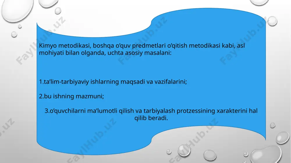 berish sanaladi. innovatsion usullari. innovatsion texnologiyalar pedagogik jarayon hamda o’qituvchi va o’quvchi faoliyatiga yangilik, o’zgarishlar kiritish bo’lib, uni amalga oshirishda asosan interaktiv metodlardan foydalaniladi. interaktiv metodlar – bu jamia bo’lib fikrlash, ya’ni pedagogik ta’sir etish usullari bo’lib, ta’lim mazmunining tarkibiy qismi hisoblanadi. uning o’ziga xosligi shundaki, jarayon faqat pedagog va o’quvchilarning birgalikda faoliyat ko’rsatishi orqali amalga oshiriladi. ma’ruza- katta hajmdagi o’quv materialini nisbatan uzoq vaqt davomida monolog tarzida bayon etish. hikoya- unchalik ko’p bo’lmagan, ta’riflovchi xususiyatga ega bo’lgan o’quv mavzusini monolog shaklida aytilishiga yordam beradigan bayon tarzi. tushuntirish- so’zlab berilayotgan mavzu materialining turli holatlarini tahlil qilish, asoslash, izoh bearish va isbotlash yordamida o’quv materialini bayon qilish. kimyo o’qitish natijalarini nazorat qilish 1.og'zaki so'rash so’rash-o’quvchilarning o’zlashtirishini hisobga olishning asosiy shakli.o’quvchilardan o’tilgan darsni so’rash og’zaki va yozma tarzda olib boriladi. nazorat yozma ishlari o’quvchilar bilimini to’liq tekshirib ko’rishga yordam beradigan tejamli vosita- nazorat yozma ishlaridir. kimyoda yozma ishlar o’tkazish o’quvchilarning kimyoviy tildan …
