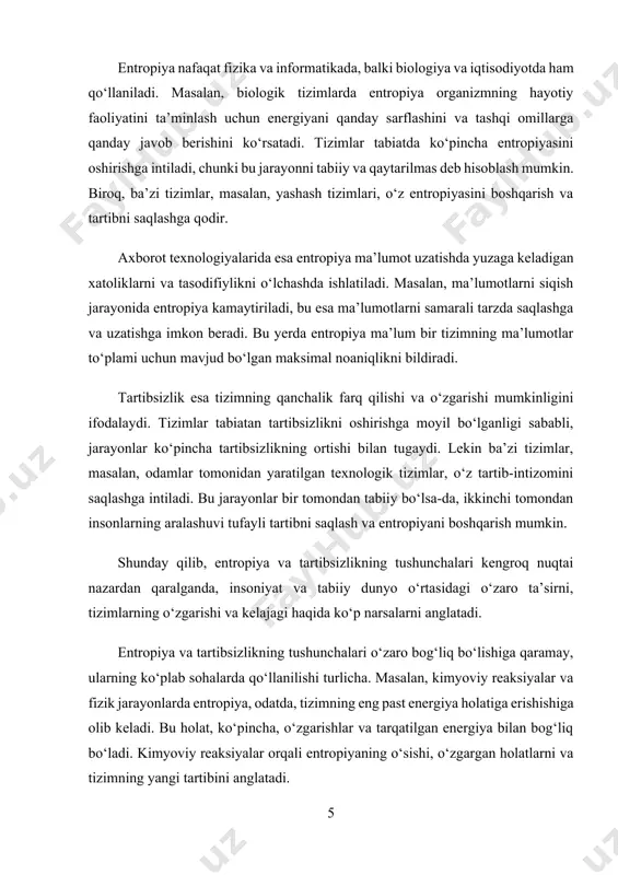 , kriptografiyada alohida ahamiyatga ega. ma’lumotlarni himoya qilishda parol yoki shifrlash kalitining entropiyasi qanchalik yuqori bo‘lsa, uni buzish shunchalik qiyin bo‘ladi. bunda entropiya — kalitdagi tasodifiylik darajasini bildiradi. agar parol juda oddiy va oldindan taxmin qilish mumkin bo‘lsa, u holda entropiyasi past bo‘ladi va xavfsizligi zaif hisoblanadi. shuning uchun zamonaviy xavfsizlik tizimlari yuqori entropiyali, ya’ni murakkab va noyob parollar yaratishni tavsiya qiladi. tabiatda ham entropiya har qadamda uchraydi. masalan, yulduzlar, sayyoralar, hatto inson tanasi ham entropiyaga bo‘ysunadi. energiya sarfi, issiqlik almashinuvi, moddalar almashinuvi kabi jarayonlar orqali entropiya sekin-asta oshib boradi. bu esa, uzoq muddatli jarayonda eskirish, qarish va yemirilish kabi hodisalarga olib keladi. yana bir qiziq misol — zamonaviy texnologiyalar va sun’iy intellekt tizimlari ham entropiyani kamaytirishga xizmat qilishi mumkin. masalan, katta hajmdagi tartibsiz ma’lumotlar ichidan foydali axborotni ajratib olish, ma’lumotlarni strukturaga solish, saralash va optimallashtirish orqali tartibga keltirish mumkin. bu orqali axborot tizimining samaradorligi oshadi, bu esa amalda entropiyaning …