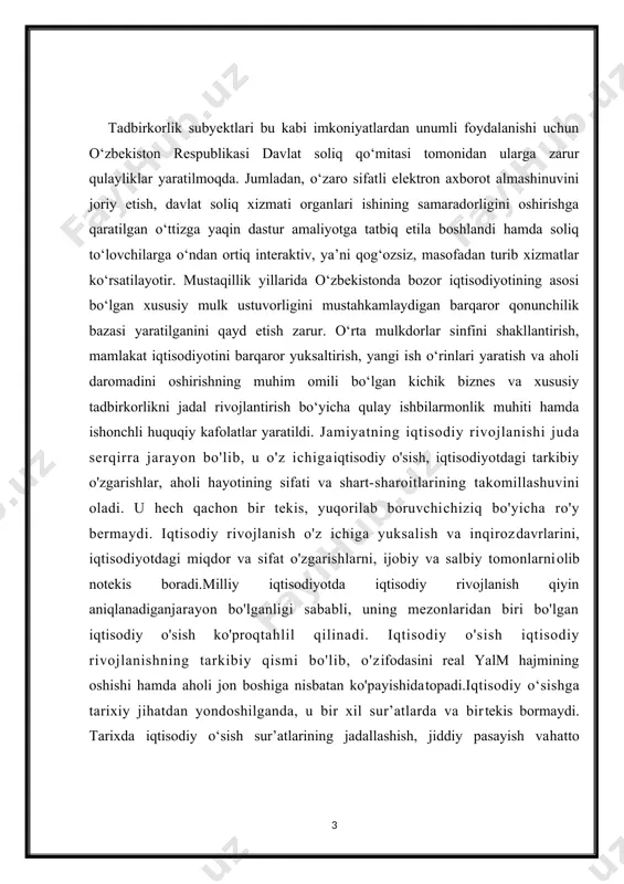 kis bormaydi. tarixda iqtisodiy o‘sish sur’atlarining jadallashish, jiddiy pasayish vahatto qisqarish davrlari ma’lum. agar katta tarixiy bosqichlar olib qaraladigan bo‘lsa,jahon va milliy iqtisodiyotda barqaror iqtisodiy o‘sish, ishlab chiqarishning hartomonlama taraqqiyot manzarasi hosil bomadi. shu bilan birga iqtisodiy o'sishnafaqat miqdor, balki muayyan sifat o'zgarishlari shaklida ham namoyon bomadi.prezidentimiz i. karimov ta’kidlab o'tganlaridek: “ iqtisodiy rivojlanish sur’atlarihaqida gapirganda... uning mezonlariga va eng avvalo, sifat ko'rsatkichlariga ko‘proqe'tibor qaratish muhim ahamiyat kasb etadi. bunday o‘sishlar iqtisodiyotimizda yuzberayotgan tarkibiy o‘zgarishlar, uning izchil va barqaror rivoji uchun xizmat qilishi,xalqimizning hayot darajasini yuksaltirishga, bir so‘z bilan aytganda, amaliyhayotimizniyaxshilashga olib kelishi lozim”1. kurs ishining maqsadi korxonalarning ishlab chiqarish xarajatlari va foydasi bilan bog’liq tushuncha va ko’rsatkichlarni aniqlash, ularning ijtimoiy-iqtisodiy mazmunini ochib berish, chuqurroq tahlil qilish orqali korxonalar ishlab chiqarish samaradorligini oshirishga qaratilgan takliflar ishlab chiqishdan iboratdir. kurs ishining predmeti. korxonalarning foydasi va uning taqsimlanishiga oid masalalar bilan bog’liq bo’lgan iqtisodiy jarayonlar hisoblanadi. kurs ishining obyekti. bozor munosabatlari sharoitida …