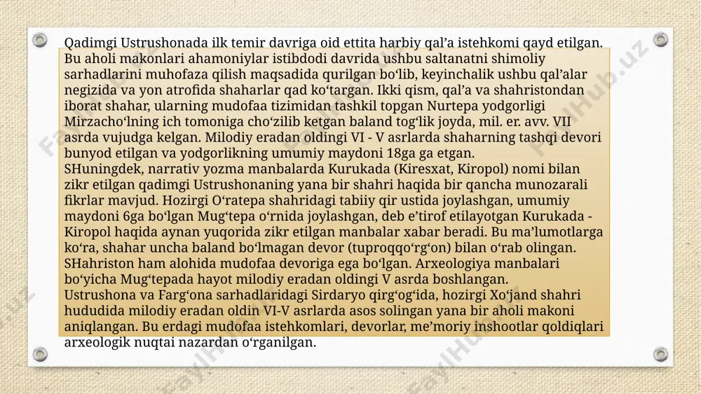 g‘anaqtepa, sag‘anaqtepa-1) joylashgan hududda o‘ziga xos «nurtepa madaniyati» yoyilgan. eng qadimgi va qadimgi davr moddiy madaniyatini kuzatish maqsadida, nisbatan ancha katta oraliqni o‘z ichiga olgan bu davrni (mil. er. avv. vii - mil. iv asrlar), shartli ravishda bir necha davrlarga ajratib (mil. er. avv. vii – iv, mil. er. avv. iv – mil. i, mil. i – iv asrlar), ko‘rib chiqish maqsadga muvoffiqdir. « bugungi kunga kelib hududning eng qadimiy davriga (mil. er. avv. vii – er. avv. iv) oid 8 ta yodgorlik aniqlangan. (qarang: 1-6, 8, 16 yodgorliklar). eng qadimgi davr yodgorliklarining barchasini nurtepa madaniyati o‘zida mujassam etadi. nurtepa madaniyati “qadimiy ustrushona” hududining moddiy va ma’naviy madaniyati, uning aloqalarini o‘rganishdagi boshlang‘ich nuqtadir. ayni vaqtda bu yodgorliklar hududning siyosiy tarixi, xususan, aleksandr makedonskiy va uning davomchilarining yaksart bo‘yiga chiqish yo‘nalishlari haqida ham ma’lumotlar beradi. shuningdek, qadimiy ustrushonaliklarning eng qadimiy davr ma’naviy hayotidagi ba’zi tushunchalar, jumladan, zardushtiylik dinining bu erga kirib …