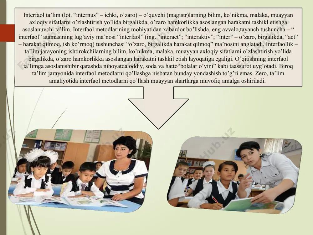 iyotida qo’llash bilan bog’liqlikni aniqlashtiradigan yaxlit yondashuvni tavsifladik. pedagogikada an’anaviy metodlarni tanlash mezonlari katta miqdorda ishlab chiqilgan , keyingi yillarda didaktik olimlarning ishlarida ularning yigirmadan ortig’i keltiriladi . interfaol metodlarni tanlash mezoni – ularning ta’lim va tarbiyani rivojlantirish masalarni yechishga yuqori yo’nalganligidir. bu mezon turli xil metodlarni u yoki bu doiradagi vazifalarni yechish imkoniyatlarini baholash yo’li bilan joriy etiladi, chunki ijtimoiy tajriba elementlarini o’zlashtirishda ularning imkoniyatlari turlichadir . interfaol metodlarni tanlashning navbatdagi mezoni ularning ta’lim mazmuni xususiyatiga mos kelishdir. metod mazmuni harakatlanish qismi sifatida ham aniqlanadi. shu boisdan bu mezonning hisobga olinishi shubhasiz. bir metod yordamida mavzu mazmuni to’laroq ochib berilsa, boshqasi uni ijobiy o’zlashtirishga imkon tug’diradi. interfaol metodlarning tanlashning yana bir mezoni ularning talabalar o’quv imkoniyatlariga to’liq mos kelishi, ya’ni samarali o’quv faoliyati uchun ichki va tashqi shart- sharoitlarining birligini ta’minlashdir . interfaol o’qitish metodlaridan foydalanishda pedagogning xususiy imkoniyatlariga mos kelishi lozim. bu pedagogning o’qitish metodlari nazariyasi va amaliyoti …