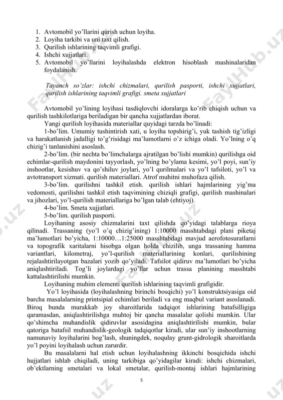 qazish, mustahkamlash va boshqarish inshootlarining loyihalari tuziladi; tuproq-geologik va gidrologik sharoitlarni hamda xavfsiz harakatlanish talablarini hisobga olgan holda bo’ylama kesimda uzil-kesil loyiha chizig’i chiziladi. tik yon bag’irlar bo’yicha yotqiziladigan yo’llar uchun, qidiruv vaqtida olingan gorizontalli planlardan foydalanib, planda va bo’ylama kesimda yo’l o’q chizig’ining oqilona vaziyati topiladi; yo’l poyi turg’unligiga oid hisoblashlar bajariladi, alohida loyihalashni talab etiladigan qiyalamalarda, botqoqliklarda va boshqa uchastkalarda uning konstruktsiyasi ishlab chiqiladi; namunaviy loyihalar albomlari va qo’shimcha hisoblashlar asosida yo’l qoplamasi konstruktsiyalarining yo’l uchastkalariga bog’langan variantlari ishlab chiqiladi; yo’lda yo’l va avtotransport xizmatlarining binolarini, harakatga xizmat ko’rsatish inshootlarini joylashtirish sxemalari, yo’l belgilarini qo’yib chiqish va qatnov qismini rejalash sxemalari ishlab chiqiladi; qurilish materiallarini olish manbalari mo’ljallanadi, ularning miqdoriga bo’lgan ehtiyoj to’g’risidagi ma’lumotlar aniqlashtiriladi, trassa yonidagi karerlarni qizish sxemalari tuziladi; karerlar, rezervlar, vaqtli binolar va inshootlar egallagan erlarni, qurilish tugaganidan keyin ularni qishloq xo’jaligida foydalanish uchun yaroqli holga keltirishni ko’zda tutadigan, rekultivatsiya qilish tadbirlari ishlab chiqiladi; yo’llarni …