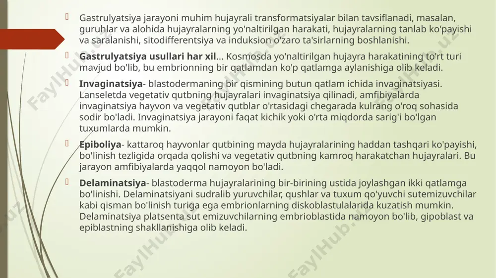 li planula hayvonlarning ikkilamchi soddalashtirilgan embrion shaklidir. ilya ilyich mechnikov 1876-1886 yillarda deb atalmishni shakllantirdi "fagotsitellalar nazariyasi". bu gipotezaga ko'ra, blastea evolyutsiyasi invaginatsiya yo'li bilan emas, balki tashqi qatlam hujayralarining sharsimon blastea ichiga quvilishi orqali sodir bo'lgan. amfibiyalarning embrional rivojlanishi, embriogenez deb ham ataladigan embrionning shakllanishi va rivojlanishining dastlabki bosqichiga ishora qiladi. bu davr zigota - erkak va urg'ochi jinsiy hujayralarning birlashishi natijasida hosil bo'lgan hujayraning paydo bo'lishidan tug'ilishigacha bo'lgan davrda. amfibiyalarga rivojlanish jarayonida keskin fiziologik o'zgarishlar xosdir. ushbu jarayon metamorfoz deb nomlanadi. ushbu umurtqali hayvonlar ko'p hujayrali organizmlar qatoriga kiradi va sinfga kiradi amfibiyayunoncha "ikkalasi ham" degan ma'noni anglatadi, chunki ular suv va quruqlik o'rtasida yashaydilar. amfibiyalar orasida qurbaqalar va salamandrlar ajralib turadi. 1- urug'lantirish bu zigota hosil qilish uchun ikkita ota-ona jinsiy hujayrasi - tuxumdon va sperma birlashishini anglatadi. spermatozoidni tuxumga urug'lantirilgandan so'ng, zigota embrionga aylanish uchun hujayraning bo'linish jarayonini boshlaydi. amfibiyalarda urug'lanish tashqi yoki ichki sharoitlarda bo'lishi …