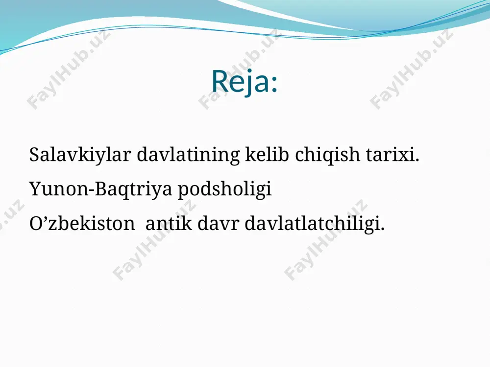 alavka miloddan avvalgi 311-302-yillarda boshqa satraplar bilan jang olib boradi va sharqda o’z hukmronligini mustahkamlaydi. u bir necha yil davomida urushlar olib borib, davlat chegaralarini g’arbga va sharqga tomon kengaytirib e’ron va markaziy osiyo xududlarini ham bosib olishga erishdi. salavkiylar davlati tarkibiga kirgan davlatlar. mesopotamiya eron parfiya baqtriya so’g’diyona yunon-baqtriya podsholigi yunon-baqtriya podsholigi — qadimiy quldorlik davlati (mil. av. 256—248 ylar orasi — mil. av. 140—135 ylar). asoschisi salavkiylarning baqtriyadagi satrapi diodot hisoblanadi. mil. av. 250 yilda u oʻzini baqtriyaning mustaqil hukmdori deb eʼlon qiladi. davlat hududiga hozirgi janubiy tojikiston, janubiy oʻzbekiston va afgʻoniston kirgan. yu.yunon-baqtriya podsholigi kuchaygan paytlarda unga pokiston, shimoliy gʻarbiy hindiston ham boʻysungan. poytaxti baqtra (oʻrta asrlardagi balx) shahri boʻlib, uning xarobalari shimoliy afgʻonistonda, mazori sharif shahri yaqinida joylatlgan. davlat bir qancha satrapliklar (viloyatlar)ga boʻlinib boshqarilgan. yozma manbalar va arxeologiq tadqiqotlar natijalari iqtisodiy hayot, badiiy hunarmandchilik, haykaltaroshlik, madaniyat, shaharsozlik yunon anʼanalari asosida yuksak rivojlanganligidan dalolat beradi. yunon-baqtriya …