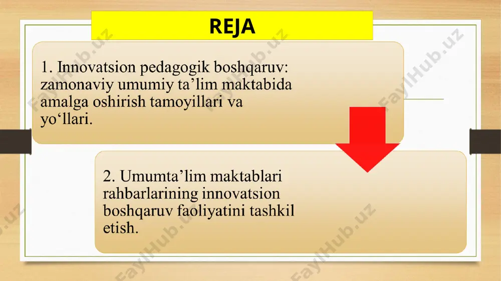nlashda aniqlangan qator omillarni hisobga olishi zarur. zamonaviy maktab boshqaruvi faqatgina uning dolzarb muammolarini yechishni emas, balki uning kelajagini ilmiy asosda shakllantirishni ham o‘z ichiga oladi. bunda bir tomondan strategiyalar bilan boshqaruv faoliyati mazmuni, rahbarning hayotiy strategiyasining bog‘liqligi va boshqa tomondan bu tizimning o‘zi, inson faoliyati muhitida turli ahamiyatga ega bo‘lgan harakatlar va shu qatori professional faoliyat boshqaruv sub’ektining rivojlanishida hamda uni professional mutaxassis sifatida shakllanishida muhim ahamiyat kasb etadi. e’tiboringiz uchun rahmat!