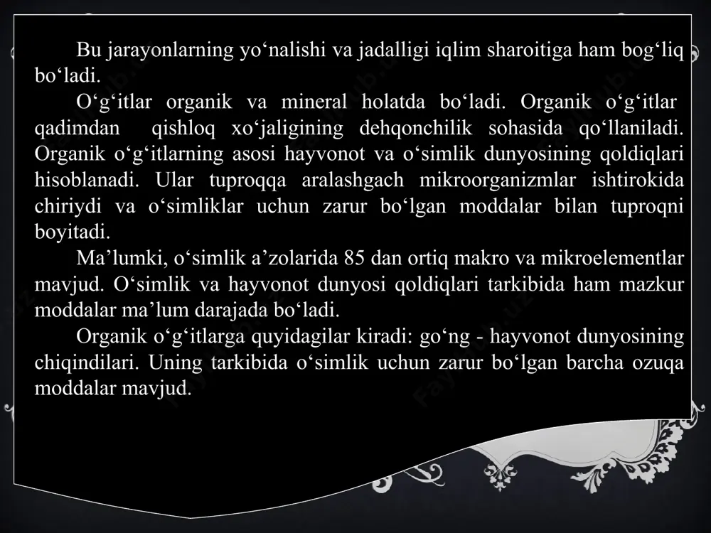 da, tarkibida 10-12% azot va 62-64% fosfor bo‘ladi. suyuq aralashmali o‘g‘it tarkibida 10% azot, 34% fosfor bo‘lib samaradorligi kukunsimon yoki donador quruq holatdagi o‘g‘itlardan qolishmaydi. mineral o‘g‘itlar samaradorligi ularni maqbul muddatda, meyorda va vaqtida ishlatishga bog‘liq. ular odatda ekinlarni ekishdan oldin, urug‘ tuproqqa qadalayotganda va o‘sib rivojlanish davrida dalaga solinadi. ko‘p yillik tajribalarga ko‘ra, kuzgi shudgordan oldin dalaga 20-30 tonna/ga go‘ng, fosforli o‘g‘itlar yillik meyorining 70-80% ini, kaliyli o‘g‘itlarning esa 50% ini solingani maqsadga muvofiq. azotli o‘g‘itlar – maqbul meyorining 25-30% urug‘ni ekishdan oldin, 5- 10% urug‘ ekilayotganda, qolgan qismi 2-3 marotaba o‘simliklarning o‘sib rivojlanish davrida (oxirgi oziqlantirish 10-15 iyuldan kechga qolmasligi ma’qul). fosforli o‘g‘itlar - maqbul meyorning 70-80% kuzgi shudgordan oldin (sho‘rlangan yerlarda urug‘ ekishdan oldin tuproqqa ishlov berilganda), qolgan qismi urug‘ ekish vaqtida va g‘o‘zaning gullash davrida (azotli o‘g‘itga qo‘shib beriladi). kaliyli o‘g‘itlar maqbul meyorining 50% dalani shudgor qilishdan oldin, 50% g‘o‘zaning shonalash-g‘unchalash davrida (azotli o‘g‘itga qo‘shib beriladi). …