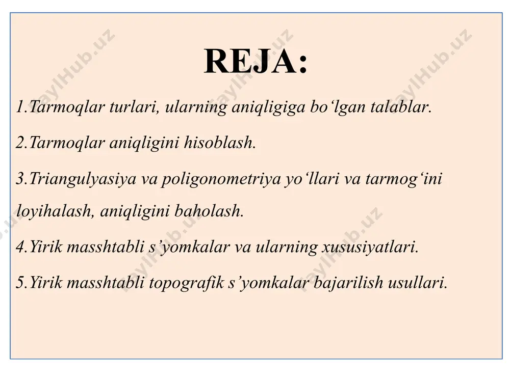 i burchak va masofalarni oʻlchashning aniqligi, tarmoq tomonlari uzunligi va ketma-ket rivojlanish tartibi bilan bir-biridan farq qiluvchi 1, 2, 3 va 4 toifali tarmoqlarga boʻlingan. injener–geodezik tarmoqlar planli va balandlik injener – geodezik tarmoqlar 1) shaharlar hududida 2) yirik sanoat va energetik ob’ektlarda tuziladi. planli va balandlik injener – geodezik tarmoqlar 1) loyihaviy – qidiruv 2) qurilish ishlarida 3) bino va inshootlarni deformatsiyalarini kuzatish uchun asos bo‘lib xizmat qiladi. planli injener–geodezik tarmoqlar planli injener geodezik tarmoqlar quyidagi turlarga bo’linadi: triangulyasiya trilateratsiya poligonametriya geodezik qurilish to’ri chiziqli-burchak planli injener-geodezik tarmoqlarni yaratilishi va qo’llanishi inshoatlarni loyihalash va qurilish maydonlarida qidiruv ishlarini bajarishda, shahar va posyolkalarni bosh planlarini tuzishda, sanoat, gidrotexnik, transport inshoatlarini texnik loyihalari va ishchi chizmalarini tuzishda injenerlik geodezik tarmoqlarni yaratish zaruriyati tug‘iladi. shaharlar, yirik sanoat korxonalari, energetik va gidrotexnik ob’ektlar xududida qurilgan geodezik asoslar loyihani joyiga ko‘chirish va inshoatlardan foydalanish davrida ularning deformatsiyalarini kuzatish ishlarini bajarishda ham foydalaniladi. planli injener-geodezik …