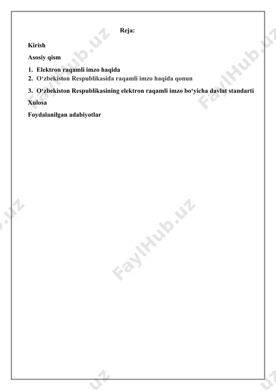 rni kriptografik o`zgartirish natijasida hosil qilingan belgilar ketma-ketligi. elektron raqamli imzo ma’lumotlar blokiga qo`shib qo`yiladi va blokni qabul qiluvchiga, manbani va ma’lumotlarning butunligini tekshirish hamda soxtalashtirishdan muhofazalanish imkonini beradi. hozirgi kunga kelib, ayrim mamlakatlar qonunchilik yo`li bilan raqamli imzodan foydalanishni layoqatliligini qonunlashtirib qo`yganlar. elektron raqamli imzo kalitlari sertifikatlari ro`yxatga olish markazlari tomonidan beriladi bugungi kunda butun jahonda bu borada katta ishlar amalga oshirilmoqda.aloqa sohasida ham axborot texnologiyalari yangi pog'onaga ko'tarilmoqda. bu o'rinda elektron pochta, elektron hujjat alohida ahamiyatga ega. elektron pochta o'zaro bog'langan kompyuterlar tarmog'i yordamida matbuot xabarlari (matn, rasm, chizma) va hatto tovushli axborotni foydalanuvchiga yetkazish uchun xizmat qiladi. shuningdek, u istalgan vaqtda kerakli ma’lumotni izlash va undan foydalanish imkonini beradi. elektron hujjat - elektron shaklda qayd etilgan, elektron raqamli imzo bilan tasdiqlangan hamda elektron hujjatning uni identifikatsiya qilish imkonini beradigan boshqa rekvizitlarga ega bo'lgan axborotdir. elektron hujjat quyidagi tushunchalarga asoslanadi: elektron raqamli imzo – elektron hujjatdagi mazkur elektron …