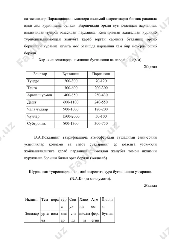 а бу тупроқни чуқур қатламларини намлата олмаслиги ,буғланишни нихоятда куплиги оқибатида бу зоналар тузлари тупланиш тез ва куп миқдорда булади . бундан ташқари сизот сувлар ер юзасидан чуқур жойлашмаган булса у тупроқ капиллярлари орқали хам кутарилиб тупроқни шурланишига катта таъсир курсатади . чул зоналарида тупроқларни шурланишига кучли таъсир курсатувчи омиллардан бири шамолдир . бу зоналар ёз ойлари шамол режими билан боғлиқ булиб ,ернинг устки қисмини қуриши ва чанг хамда тузларни учириб олиб кетиши билан характерланди ва тупроқни шамол эрозиясига учратади. мисол учун,орол денгизини куриш мумкин. аму хамда сирдарёнинг сувлари орол денгизига етиб бормаслиги оқибатида сувдан бушаб қолган қумли ва тузли майдонлар денгиз акваториясида 2,5-3млн.га ташкил қилади.мана шу ерларда хар йили 125-175млн.тонна қумчанглари ва 10-40 тонна тузлар шамол орқали дехқончилик қилинадиган ерларга олиниб келинмоқда. бу эса уз урнида ерларни шурлатиб оқар сувларнизахарланишига олиб келмоқда.хулоса қилиб шуни айтиш мумкинки , тупроқ қатламларида тузларни тупланиши ва аралашишида жойнинг иқлимий шароити катта роль уйнар …