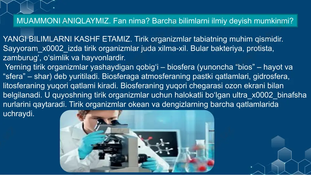ridagi masalalarni hal qilishga qaratilgan bo‘lib, biologiya tibbiyot, qishloq xo‘jaligi, oziq-ovqat sanoati, yengil sanoat va boshqa sohalar bilan chambarchas bog‘liq. insonlar salomatligi uchun foydalaniladigan dori vo_x0002_sitalari o‘simliklar va mikroorganizmlar faoliyatida hosil bo‘ladigan mahsulotlardan tayyorlanadi. biologik qonuniyatlarni bilish kasalliklarni davolash va ularning oldini olishga yordam beradi. qishloq xo‘jaligining muvaffaqiyatli rivojlanishi o‘simlik navlari va hayvon zotlarini yaxshilash hamda yangilarini yaratish bilan shug‘ullanadigan seleksioner biologlarga bog‘liq. tirik organ_x0002_izmlar sanoatda ham keng qo‘llaniladi. ayrim bakteriyalar va zamburug‘lar faoliyati tufayli sut mahsulotlari: tvorog, qatiq, yogurt va pishloq kabi mahsulotlar olinadi. biologiya bilan bog‘liq kasblar. biologiya 70 ga yaqin fan sohalarini o‘z ichiga oladi va ularning har biri uchun mutaxassislar tayyorlanadi. masalan, mikrobiolog,biokimyogar, biotexnolog, bioinjener, biofizik, sud-tibbiyot eksperti, genetik, farmatsevt, shifokor, agronom, botanik, zoolog, ekolog va boshqalar. barcha tibbiyot xodimlari – pediatr, jarroh, stomatolog, psixolog, va boshqalar biologik ma’lu_x0002_motga ega bo‘lishlari kerak. qishloq xo‘jaligi sohasida agronom, veterinar, seleksioner kabi kasb egalarining faoliyati biologiya bilan bog‘liq. jadal …