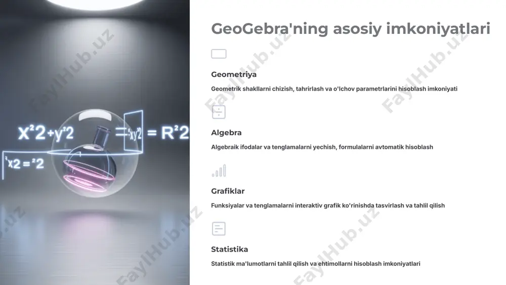 uchun ilovalar kompyuter versiyasining asosiy funksiyalarini qo'llab-quvvatlaydi. xulosa: geogebra – matematikani o'rganish va o'qitishda yangi davr interaktivlik va qulaylik matematik tushunchalarni vizual va amaliy tarzda o'rganish imkoniyati har qanday daraja boshlang'ich sinflardan tortib oliy ta'limgacha har bir darajadagi foydalanuvchilar uchun mos matematikani sevib o'rganing geogebra'ning kuchli imkoniyatlaridan foydalanib, matematikani qiziq va oson fan sifatida o'rganing! e'tiboringiz uchun rahmat image1.png image2.png image3.png image4.png image5.png image6.png image7.png image8.png image9.png image10.png image11.png image12.png image13.png image14.png image15.png image16.png image17.png image18.png image19.png image20.png image21.png image22.png image23.png image24.png image25.png image26.png image27.png image28.png image29.png image30.png image31.png image32.png image33.png image34.png image35.png image36.png image37.png image38.png image39.png image40.png image41.png image42.png image43.png image44.png image45.png image46.png image47.png image48.png image49.png image50.png image51.png image52.png image53.png image54.png image55.png image56.png image57.png