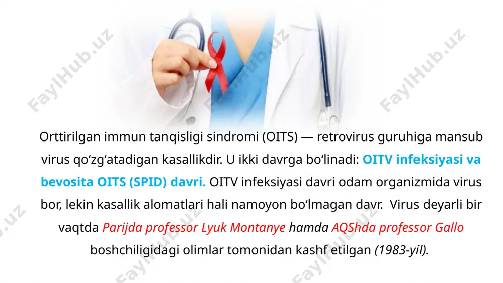 da zararlangan bo‘lsa, virusga qarshi preparatlar virusni ko‘payishini to‘xtatishi mumkin. bu davolash kursi 4 hafta mobaynida o‘tkazilishi shart. davolashdan oiv kuzatuvlari davom ettiriladi. oʻzbekistonda oitv/oits bilan bogʻliq masalalar sogʻliqni saqlash vazirligining oitv/oits xizmati tomonidan amalga oshiriladi. respublika.oitv/oits markazi, qoraqalpogʻiston respublikasi oitv/oits markazi, toshkent shahar va viloyatlar oitv/oits markazlari oʻz hududlarida ushbu soha faoliyati bilan bogʻliq barcha profilaktik, epidemiologik, lab. tekshiruvi, davolash tadbirlarini olib boradi. har bir markaz qoshida oʻz ixtiyori bilan lab. tekshiruvi uchun kelganlarni sir saqlagan holda tekshiradigan anonim xonalar mavjud. maqsadli guruhlar giyohvandlar va seksolog xodimlari bilan virus yuqib qolishining oldini olish maqsadida xufiyona ish olib boradigan ishonch punktlari (ip) ham ishlaydi. e’tiboringiz uchun rahmat image1.png image2.png image3.png image4.png image5.png image6.png