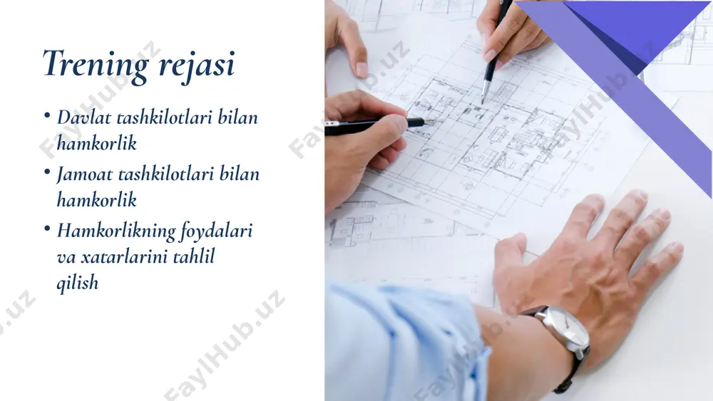 ifoqi: yoshlarni rivojlantirish bo‘yicha dasturlar. bolalar huquqlarini himoya qilish tashkilotlari: bolalar huquqlari va manfaati uchun. ota-onalar qo‘mitasi: maktab faoliyatini qo‘llab-quvvatlash va takomillashtirish. ekologik tashkilotlar: ekologik ongni oshirish va tabiatni asrashga qaratilgan tadbirlar. notijorat tashkilotlar: ta’limni rivojlantirishga qaratilgan loyihalar oliy ta’lim va ilmiy muassasalar: universitetlar va institutlar: maktab o‘qituvchilari va o‘quvchilar uchun seminarlar va o‘quv dasturlar. ilmiy markazlar: fan va texnologiya yo‘nalishida tajriba va tadqiqot ishlari. hamkorlik portfoliomizni yaratamiz 10 xulosa: davlat va jamoat tashkilotlari bilan hamkorlik ta’lim sifatini oshirishda katta ahamiyatga ega. uyga vazifa: maktab hamkorligida mavjud tashkilotlar bilan hamkorlikni mustahkamlash bo‘yicha 3 ta tashabbus rejasini ishlab chiqish. bugun darsdan o‘rgangan eng muhim bilim va ko‘nikmalarni baham ko‘ramiz trening bo‘yicha fikr-mulohazalaringiz tashakkur e’tibot va faollik uchun image1.png image2.svg image2.png image4.svg image3.jpeg image4.png image7.svg image5.png image9.svg image6.jpeg image7.png image12.svg image8.png image14.svg image9.png image16.svg image10.png image18.svg image11.png image20.svg image12.jpeg image13.png image23.svg image14.jpeg image15.jpeg image16.jpeg image17.jpeg image18.png image29.svg image19.jpg image20.png image21.jpeg image22.jpeg image23.jpeg …