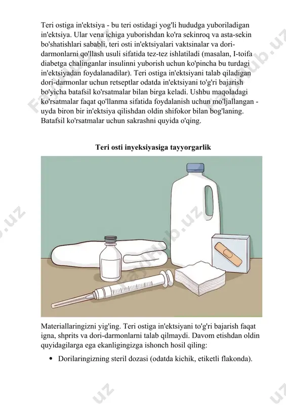 ylari bu yog 'qatlamiga boshqalarga qaraganda osonroq kirishga imkon beradi. dori-darmoningiz qaysi maxsus inyeksiya joyidan foydalanish bo'yicha ko'rsatmalar bilan birga kelishi mumkin - agar siz dori-darmonlarni qayerga yuborishni bilmasangiz, mahalliy sog'liqni saqlash mutaxassisi yoki dori ishlab chiqaruvchisi bilan maslahatlashing. quyida teri osti in'ektsiyalari uchun joylarning umumiy ro'yxati keltirilgan: tirsak va elka orasidagi qo'lning yon va orqa tomonidagi tricepsning yog'li qismi. oyoqning yog 'qismi sonning tashqi old qismidagi son/kasıq va tizza o'rtasida. qorinning old qismining yog'li qismi qovurg'alar ostida, kestirib, tepada va qorin bo'shlig'iga to'g'ridan-to'g'ri qo'shni emas . joyni topish uchun qorin tugmasi ostiga qo'yilgan 3 ta barmoqdan foydalaning. eslatma: in'ektsiya joylarini aylantirish juda muhim, chunki bir xil joyga takroriy in'ektsiya yog' to'qimalarining chandiqlari va qattiqlashishiga olib kelishi mumkin, bu kelajakdagi in'ektsiyalarni qiyinlashtiradi va dorining so'rilishiga xalaqit beradi. inyeksiya joyini artib oling. yangi, steril spirtli salfetkadan foydalanib, in'ektsiya joyini o'rtadan tashqariga spiral harakatlar bilan artib, toza joylarga qaytmaslik uchun ehtiyot bo'ling. …