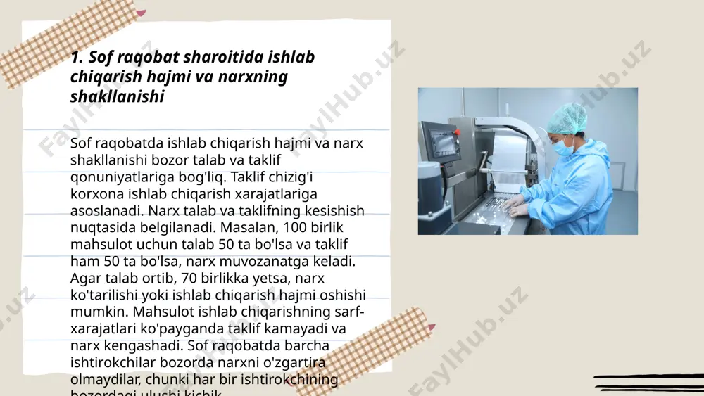 ompaniyalar ishlab chiqarish hajmini oshirib yoki kamaytirib, raqobatchilarning narx siyosatiga ta'sir ko'rsatadi. shu bilan birga, ishlab chiqarish xarajatlari va talab o'zgarishlari ishlab chiqarish miqdoriga strategik ta'sir ko'rsatishi mumkin. optimal hajmni aniqlash uchun kompaniyalar o'zaro kelishuvlarga ham borishlari mumkin. ... t.me/slaydai_bot raqobat bozori firmalar uchun ideal sharoitlarni ifodalaydi, bu yerda ko‘p sotuvchilar va xaridorlar mavjud, va har bir firma bozordagi narxni qabul qiluvchi hisoblanadi. bunday bozorda foydani maksimallashtirish uchun firma o‘zining chegaraviy daromadini chegaraviy xarajatiga tenglashtirishi kerak. agar bozordagi narx $p$ va firma maxsus mahsulotining xarajati $mc$ bo‘lsa, $p = mc$ tengligi foydani maksimallashtirish sharti hisoblanadi. shuningdek, raqobat bozori firmalari uchun qisqa muddatda normal foyda olinishi mumkin, ammo uzoq muddatda yangi ishtirokchilar kirishi bilan foyda nolga yaqinlashadi. ... t.me/slaydai_bot 7. monopolistik raqobatda diferentsiallangan mahsulotlar va narx monopolistik raqobatda, differensiallangan mahsulotlar ishlab chiqaruvchilar tomonidan taqdim etiladi, bu esa ularga narxlar bo'yicha raqobatlashishga imkon beradi. differensiallangan mahsulotlar o'ziga xos xususiyatlar, sifat yoki brend …