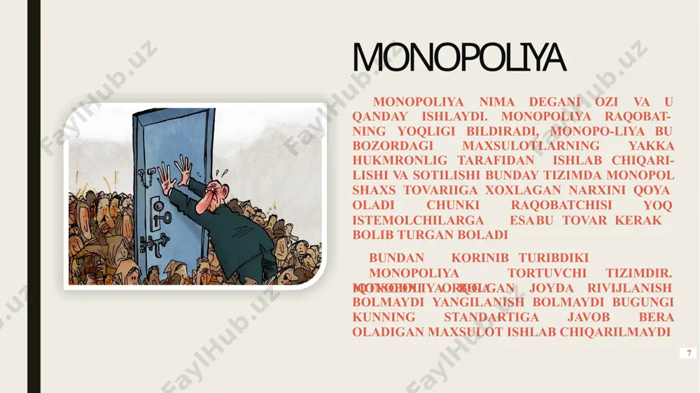 bozor strukturasida raqobat va monopoliya elementlari birgalikda mavjud bo‘lib, bu iste’molchilar tanlovini oshiradi va ishlab chiqaruvchilarni innovatsiyaga undaydi. shu sababli, raqobatlashgan monopoliya iqtisodiyotda muvozanatli va samarali bozor sharoitlarini yaratishga yordam beradi. raqobatlashgan monopoliya sharoitida har bir firma o‘z mahsuloti uchun ma’lum darajada narx belgilash imkoniyatiga ega bo‘ladi, biroq bozorda boshqa o‘xshash mahsulotlar ham mavjud bo‘lgani uchun bu narxni haddan tashqari oshira olmaydi. natijada, ishlab chiqaruvchilar doimiy tarzda sifatni oshirish va mijozlar e’tiborini jalb qilish ustida ishlashadi.umuman olganda, raqobatlashgan monopoliya iqtisodiy rivojlanish uchun muhim bo‘lgan sog‘lom raqobat muhitini yaratadi. u bozorni muvozanatga olib keladi, iste’molchilar uchun tanlov imkoniyatini oshiradi hamda ishlab chiqaruvchilarni yangilik kiritishga undaydi. raqobatlashgan monopoliya – sog‘lom bozor muhitini shakllantiradi, chunki u narx va sifat o‘rtasida tabiiy muvozanatni ta’minlaydi. bu bozor tuzilmasi bir tomondan kompaniyalarni raqobatga undasa, ikkinchi tomondan ularga o‘z mahsulotlarini farqlash orqali o‘ziga xoslik yaratish imkonini beradi. natijada, iste’molchilar keng tanlovga ega bo‘ladi, mahsulot sifati yaxshilanadi, va …