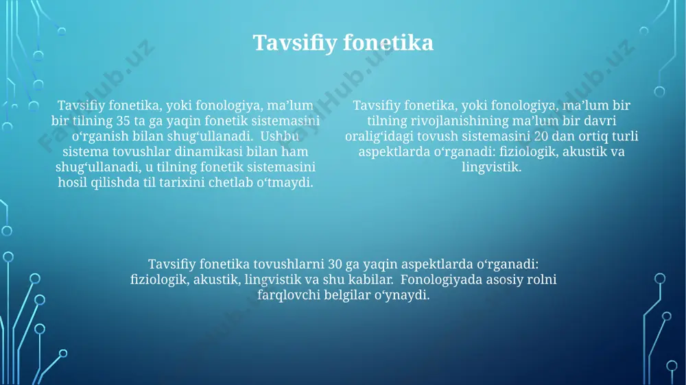 temp), 5 tasi esa (pauza, balandlik, tembr, urg'u va intonatsiya) yordamchi hisoblanadi. prosodikadagi asosiy elementlardan biri bo'lgan urg'uning uchta, ya'ni leksik, logik va emfatik turlari mavjud bo'lib, ular o'z navbatida, jumlaning mazmunini va sintaksis tuzilishini hamda tugallanganligini ifodalaydi. ovozning balandligi, tembr va pauza kabi intonatsiya komponentlarining kommunikativ va emotsional ma'noni ifodalashidagi rollari, shuningdek, ularning fonetik strukturaga ta'siri o'rganilgan. moskva fonologik maktabi ushbu maktab vakillari fonema ajralib chiqishi uchun asosiy mezon sifatida tovushlarning maʼno farqlovchi funktsiyasini belgilashadi. 1940-yillarda a.a.reformatskiy, l.v.shcherba, v.n.sidorov kabi olimlar ushbu maktabning asosiy vakillari sifatida tan olingan. moskva fonologik maktabi fonemaning ottenkalari, pozitsion va kombinator variantlari tushunchalarini alohida tahlil qilib, ularning oʻzaro munosabatlarini aniqlashga urinish qilgan. ular fonema tushunchasi va uning ikki tomonlamaligini chuqur tadqiq qilgan. moskva fonologik maktabi fonema tushunchasiga ikki tomonlama yondashgan: fonema – nutq tovushlari sistemasining umumiylik xususiyatlarini oʻzida aks ettiruvchi abstrakt birlik boʻlib, u real nutqda oʻzining konkret variantlari – ottenkalar orqali namoyon boʻladi. …