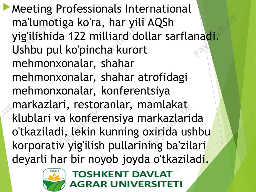 a barpo etish hodisalari shuningdek, ishchilarni jumboqlarni va to'liq tadbirlarni hal qilish uchun birgalikda ishlaydigan ish muhitida birga vaqt o'tkazish uchun noyob imkoniyat yaratadi. mahsulotni boshlash tadbirlari mahsulotni ishga tushirish bo'yicha tadbirlar kompaniyaning barcha xodimlarini yaqinlashayotgan har qanday mahsulotlar haqida mahsulotni ishga tushirish bo'yicha barcha partiyalarga yetkazib berish uchun mijozlarga va ommaviy axborot vositalariga mahsulotni chiqarib tashlash bilan shug'ullanadigan shovqin yaratish uchun ichki mahsulotni ishga tushirish uchrashuvlarini o'z ichiga olishi mumkin. mahsulotni boshlash tadbirlari biznes uchun iste'molchilar ( b2c ) kompaniyalari uchun eng keng tarqalgan. yetakchi kengash yig'ilishi va aktsiyadorlar yig'ilishi kengash yig'ilishi va aktsiyadorlar umumiy yig'ilishi, ham xususiy, ham davlat korxonalari uchun juda muhim ahamiyatga ega. yetakchi kengash a'zolari boshqaruv a'zolarining ish samaradorligini tekshirish uchun yig'ilishlari va muhim qarorlar qabul qilish uchun kompaniya rahbarlari bilan uchrashishlari uchun imkoniyat sifatida xizmat qiladi. yillik, ikki yillik yoki hatto choraklik uchrashuvlar kompaniya a'zolarining miqyosiga va aktsiyadorlar ishtirokiga qarab, kengash a'zolari uchun kichik …