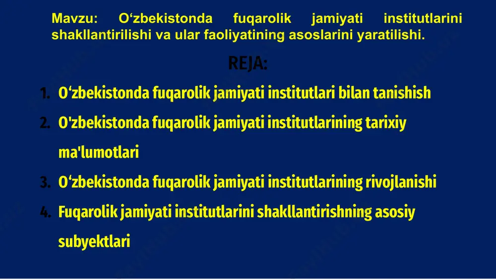 o‘zbekistonda fuqarolik jamiyati institutlarining shakllanishi bosqichma-bosqich bo‘lib, ularning asoslarini shakllantirishda asosiy ishtirokchilar hal qiluvchi rol o‘ynaydi. 1 bu institutlarning yaratilishi va rivojlanishiga davlat amaldorlaridan tortib, boshlang‘ich tashkilotlarigacha turli manfaatdor tomonlar o‘z hissalarini qo‘shdilar. 3 hamkorlik va targ‘ibot orqali asosiy ishtirokchilar o‘zbekistonda fuqarolik jamiyati institutlarining o‘sishi va barqarorligida muhim rol o‘ynashda davom etmoqda. 2 o‘zbekistonda fuqarolik jamiyati institutlarining huquqiy asoslari a o‘zbekistonda fuqarolik jamiyati institutlarining shakllanishi mamlakat taraqqiyotida hal qiluvchi rol o‘ynadi. ushbu institutlar demokratiya, inson huquqlari va ijtimoiy adolatni rivojlantirish maqsadida tashkil etilgan. b ular faoliyatining asoslarini yaratishda o‘zbekistondagi fuqarolik jamiyati institutlarining huquqiy asoslari asos qilib olingan. ushbu asos ushbu muassasalarning faoliyati va faoliyati uchun zarur qoidalar va qoidalarni taqdim etadi. c bu ularning faoliyatida ochiqlik, hisobdorlik va ishtirok etishni ta’minlaydi, o‘zbekistonning har tomonlama rivojlanishi va taraqqiyotiga hissa qo‘shish imkonini beradi. o‘zbekistonda fuqarolik jamiyati institutlarini shakllantirish va ular faoliyati asoslarini yaratish murakkab jarayondir. bu engib o'tish kerak bo'lgan turli qiyinchiliklar …