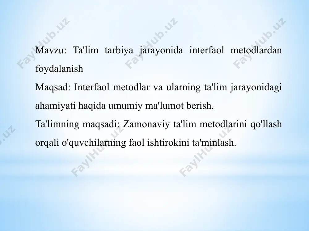 r o'qituvchilar uchun qanday yordam beradi? o'qituvchilar uchun o'quvchilarning ehtiyojlarini aniqlash va ularga mos ta'lim usullarini tanlash imkonini beradi. o'qituvchilarga darsni qiziqarli va samarali o'tkazish imkonini yaratadi. tashkil etilgan guruhlar ishlarini, muhokama va loyihalarni baholash. interfaol metodlar orqali baholash o'quvchilarning faolligini va darsga qatnashuvini baholash. a) darsga tayyorgarlik o'quvchi darsga kelishdan oldin materiallarni o'zlashtirishga harakat qilishi kerak.o'quvchining o'qigan materiallariga tayyorlanib kelishi, savollarga javob berish yoki mavzu bo'yicha fikr bildirish bilan o'zining faolligini namoyon qiladi. b) samarali savol-javoblar o'quvchi o'qituvchining savollariga aniq va to'g'ri javob beradi.o'quvchi o'zining fikrini ifodalaydi va o'qituvchining savollariga javob berish bilan mavzuni tushunganini ko'rsatadi. c) darsdagi ishtirok dars davomida o'quvchi guruh ishlarida, munozaralarda yoki alohida topshiriqlarda faol ishtirok etishi kerak.faol ishtirok o'quvchining mavzuga qiziqishini va darsga e'tiborini oshiradi. d) mavzuga qiziqish va motivatsiya o'quvchi dars davomida faol bo'lib, yangi bilimlarga qiziqish bildiradi.darsga qiziqish va o'zini motivatsiya qilish, o'quvchining faolligini ko'rsatadi. o'qituvchilarning interfaol metodlarni qo'llashdagi tajribalarini misollar orqali …