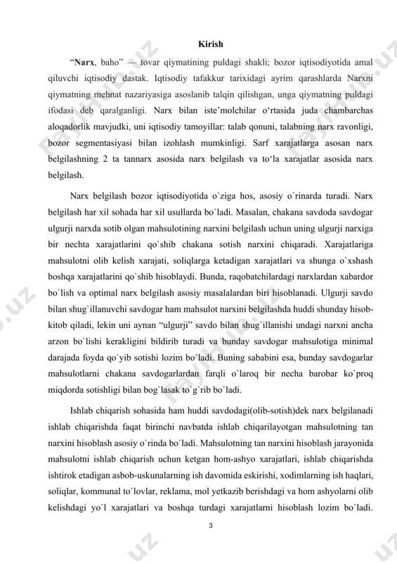 nlanishiga, milliy daromad-ning iqtisodiyot turli tarmoq va sohalari, xoʻjalik yurituvchi subʼektlari boʻyicha taqsimlanishiga, aholining ijtimoiy jihatdan himoya qilinishiga sharoit yaratadi. shuningdek, u ishlab chiqaruvchilarni ragʻbatlantirib, sogʻlom raqobat muhitining yaratilishiga katta taʼsir koʻrsatadi. narx, baho — tovar qiymatining puldagi shakli; bozor iqtisodiyotida amal qiluvchi iqtisodiy dastak. iqtisodiy tafakkur tarixidagi ayrim qarashlarda narxni qiymatning mehnat nazariyasiga asoslanib talqin qilishgan, unga qiymatning puldagi ifodasi deb qaralgan. 21-asr boshlaridagi nazariyalar narxni pulning miqdoriy nazariyasi asosida izoxlab, narxga harajatlar, tovarning nafliligi va raqobat taʼsir etishini eʼtirof etadi. narxni qiymat belgilaydi, ammo u aniq bir qiymatdan yuqori yoki past boʻlishi mumkin, bu esa bozordagi muayyan tovarga boʻlgan talab va taklift bogʻliq. narx faqat qiymatni emas, balki talab va taklif, shuningdek, tovarning ijtimoiy foydaliligi, sifati va boshqa tovarlar oʻrnini bosa olishi, muomaladagi pulning harid qobiliyatiga ham bogʻliq. binobarin, narx qiymatdan miqdoran farqlanadi. mahsulot tannarxi har qanday narxning asosi boʻlib, mahsulotning hayotiy sikli davomida uning narxidagi oʻzgarishlarga katta …