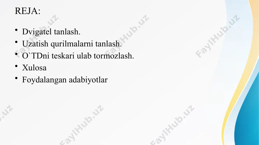 / 9,55=104.6 [ rad/sek ] salt ishlash aylanish tezligi aniqlanadi: n0 = n0 *9,55 =9,55 * 111.57=1065 [ rad/sek ] nominal moment hisoblanadi: mh = =105 nm dvigatelning tabiiy mexanik xarakteristikasi 2ta nuqta koordinatlari bo’yicha quriladi: “a” nuqta: ω0 va m = 0; “b” nuqta: ωo va mh ketma ket qo’zg’atishli o’tdni tabiiy va sun’iy mexanik xarakteristikalari ketma-ket qo'zg'atishli dvigatelni ishga tushirish xarakteristikasini hisoblash va qurish. dvigatelni tabiiy xarakteristikalarini hisoblang va quring (amaliy ishga qarang). dvigatelni tabiiy xarakteristikasida imax va imin toklarga tegishli ikkita nuqtani belgilang, bunda imax =2ih =2*59.5=119 a ic =ih =const=59.5 imin =1.2 ic =1.2*59.5=71.4a deb oling. imax va imin toklarga mos qarshilikni hisoblang. r1=u/imax= 220/206=1.09 om r2=u/ imin =220/129=1.82 om pog'ona qarshilikning qiymatini aniqlash. rt1 = 0.87 om ; rt2 = 0.65om ; rt3= 0.43 om . reostat pog'onalarining qarshiliklari rp1=rd+rt1+rt2+rt3=0.079+0.84+0.62+0.33=1.81 om rp2=rd+rt2+rt3= 0.079+0.62+0.33=0.95 om rp3=rd+r=0.079+0.33=0.409 om ketma-ket qo'zg'atishli dvigatelni ishga tushirish xarakteristikasi o’zgarmas tok dvigatelni …