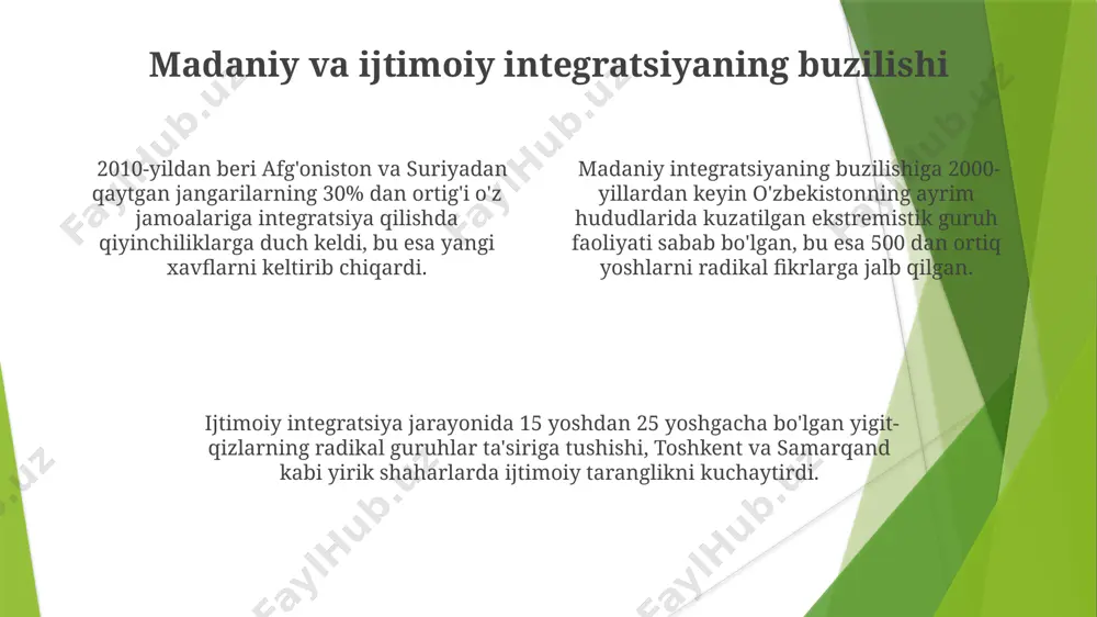 ekstremizm va siyosiy manipulyatsiyadan foydalanishni ko'rsatadi. ekstremistik guruh va tashkilotlar 2001-yildan beri afgʻonistondagi tolibon va al-qoida kabi ekstremist guruhlar 10 mingdan ortiq odamning halok boʻlishiga sabab boʻlgan hujumlarni amalga oshirdilar, bu global terrorizmga tahdid soladi. yaqin sharq va shimoliy afrikada faoliyat yuritadigan 50 dan ortiq ekstremist tashkilotlar, mintaqadagi siyosiy beqarorlikdan foydalanib, oʻz taʼsirini kengaytirishga harakat qilmoqda. 2014-yildan beri iroq va suriyadagi ekstremistlarning faoliyati tufayli 3 million kishi oʻz uylarini tark etishga majbur boʻldi, bu insonparvarlik inqirozi va mintaqaviy muammolarni keltirib chiqardi. aqlsizlik va taassub aqlsizlik va taassub natijasida 15-asrda samarqandda bo'lib o'tgan diniy nizolar 2000 dan ortiq odamning halok bo'lishiga olib keldi, bu esa aqlsizlikning dahshatli oqibatlarini ko'rsatadi. taassub tufayli, 1990-yillarda o'zbekistonning ayrim hududlarida 30 ga yaqin masjidlar vayron qilingan, bu esa madaniy merosga katta zarar yetkazdi. terrorizm va ekstremizm kabi xavfli hodisalar, ko'pincha 5-15 yoshli yoshlarni aqlsizlik va taassub bilan aldab jalb qiladi, bu esa butun dunyo uchun katta …